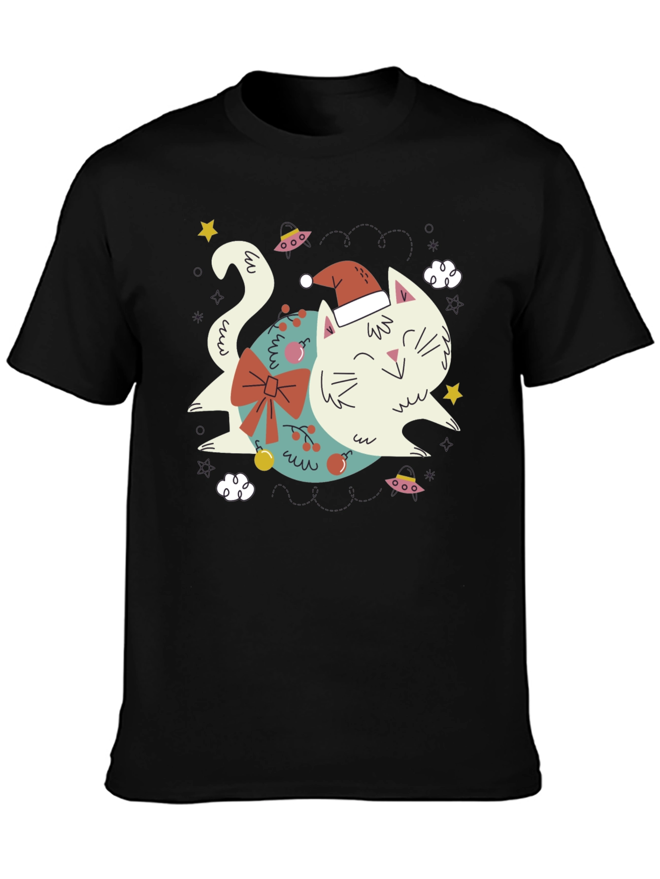 Black Festive Cat T-Shirt - Holiday Graphic Tee view 3