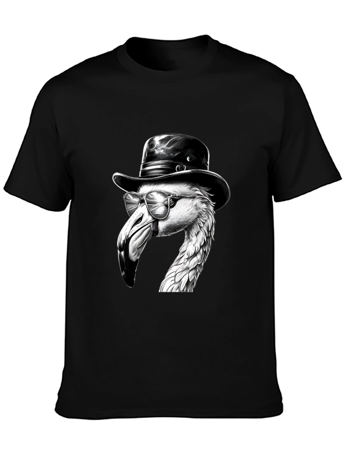 Black Flamingo Fedora Tee - Cool Bird Graphic T-Shirt view 3