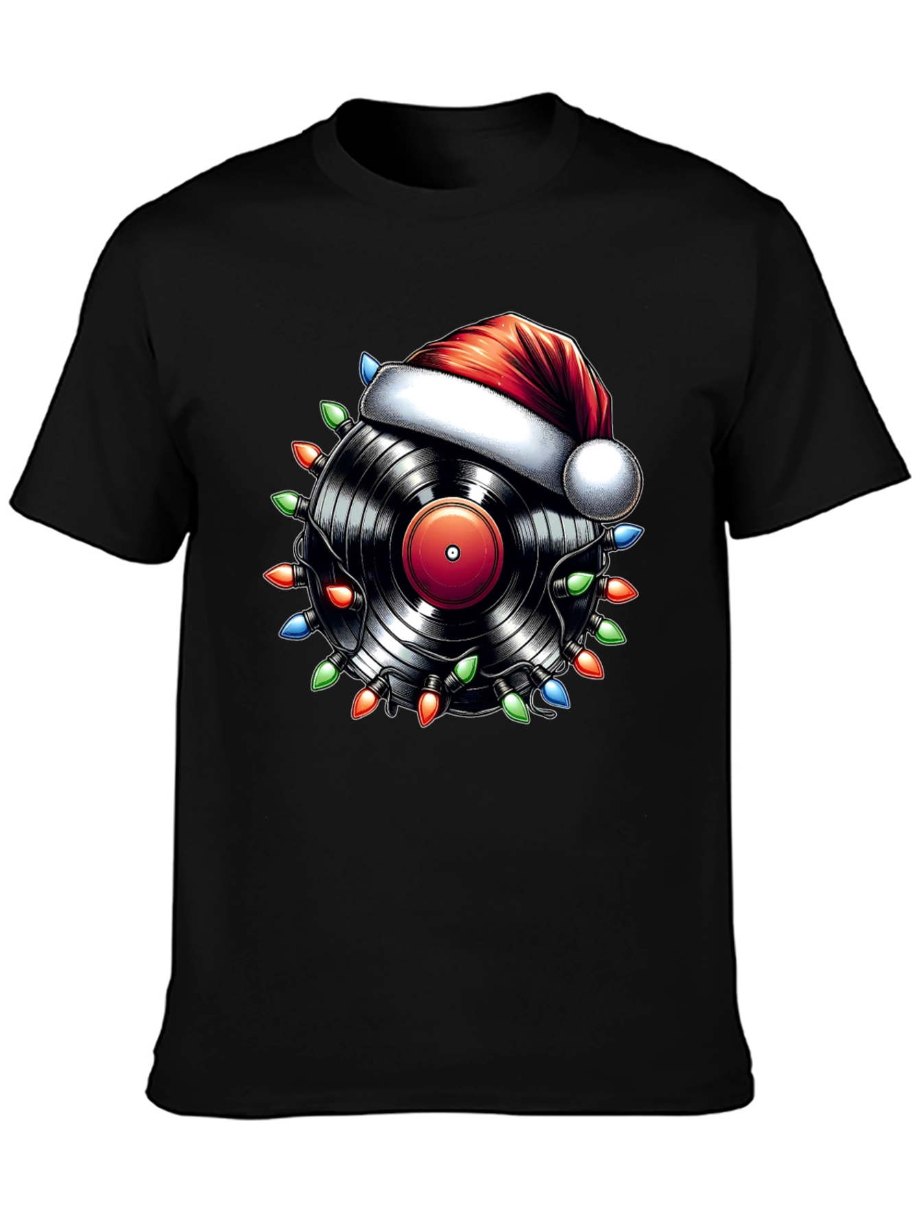 Black Festive Vinyl Record Santa Hat T-Shirt view 3