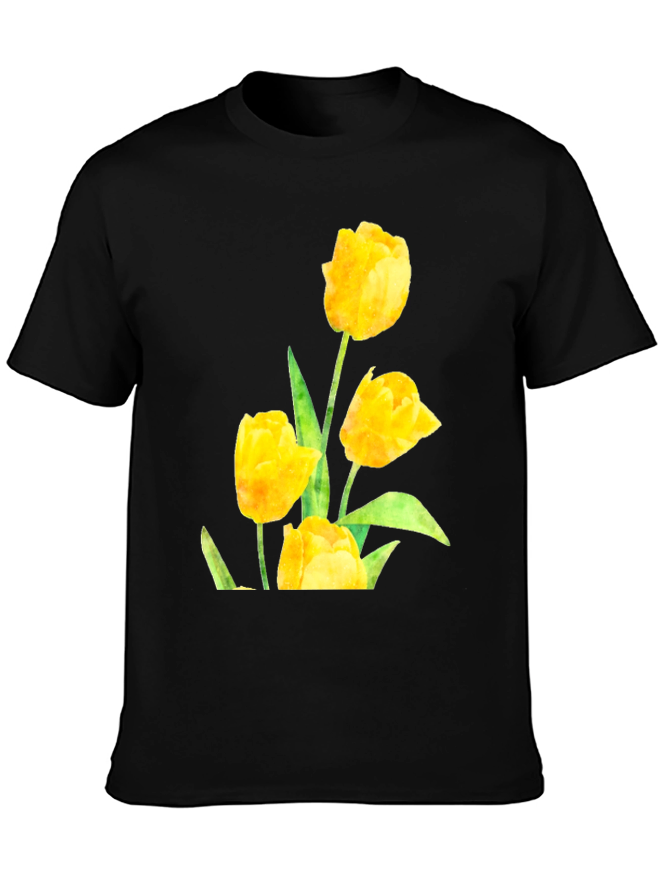 Black Men's Black T-Shirt with Yellow Tulip Floral Design view 3