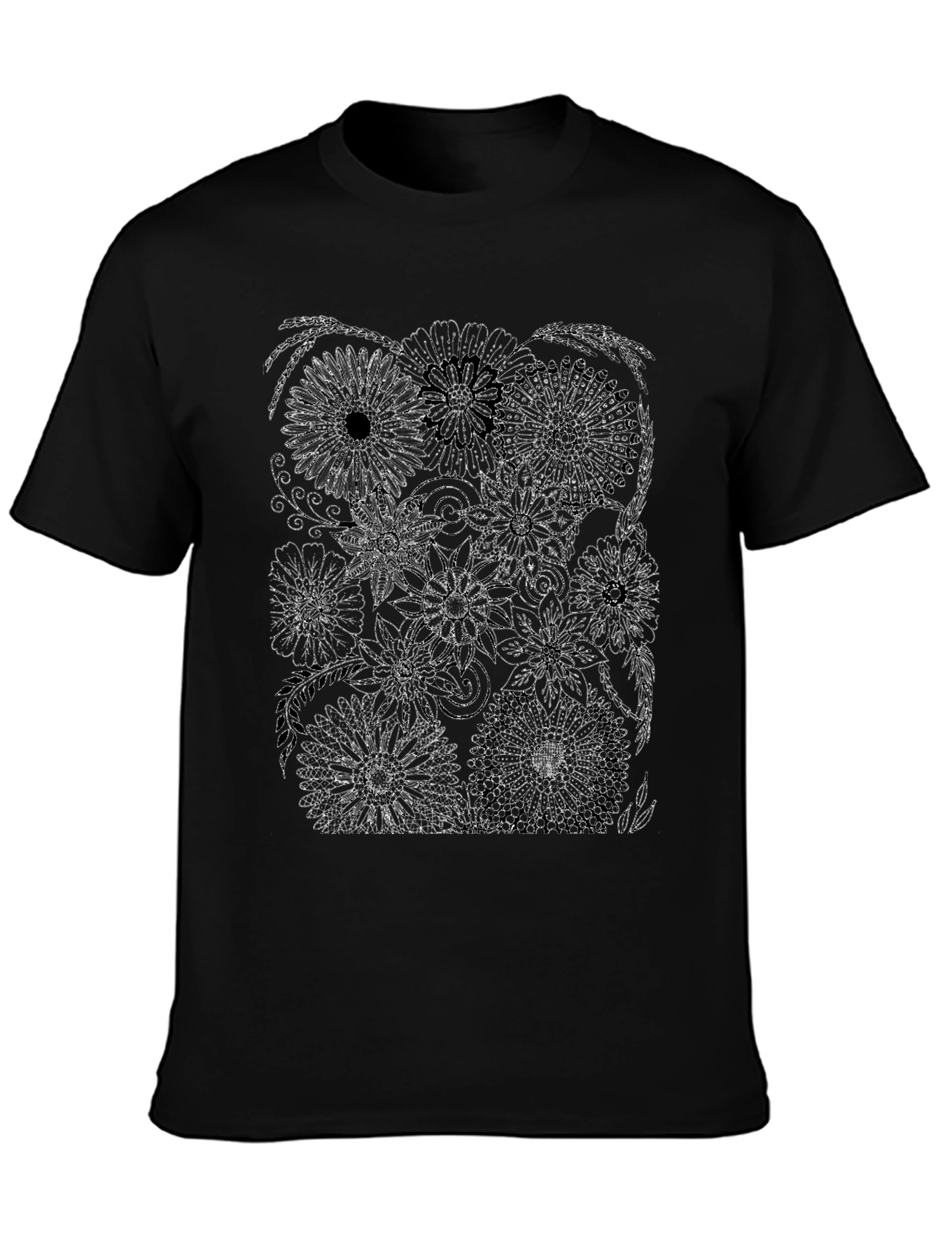 Black Floral Print Black Crew Neck T-Shirt view 3