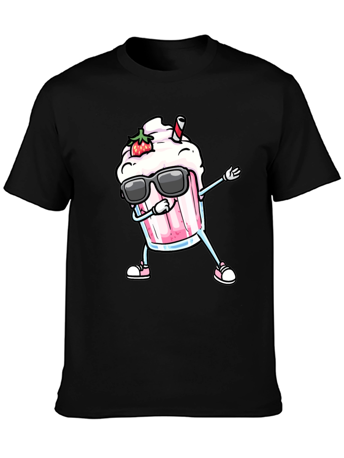 Black Cool Strawberry Milkshake Dabbing Graphic Tee view 3