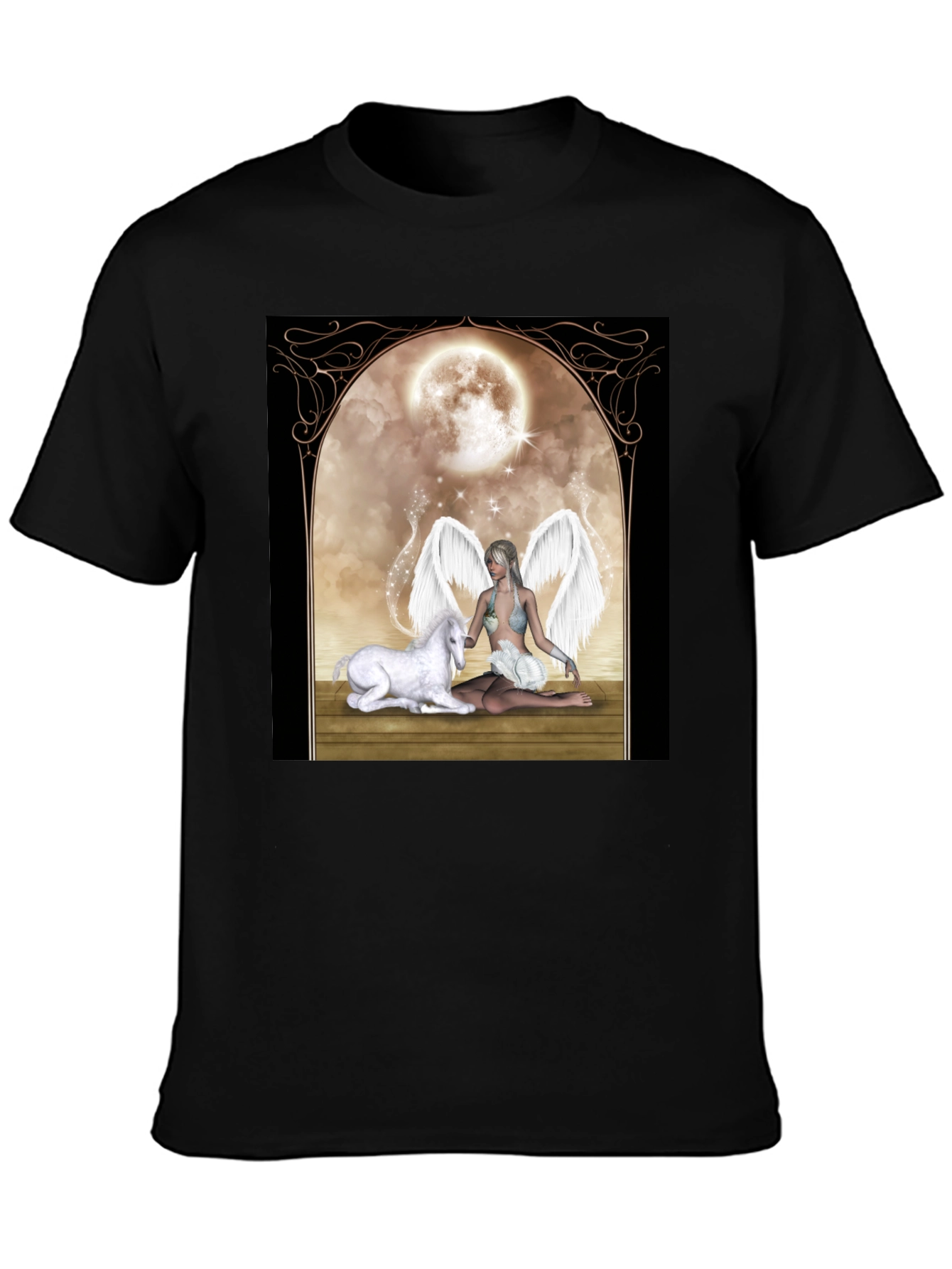 Black Fantasy Angel & Unicorn T-Shirt view 3