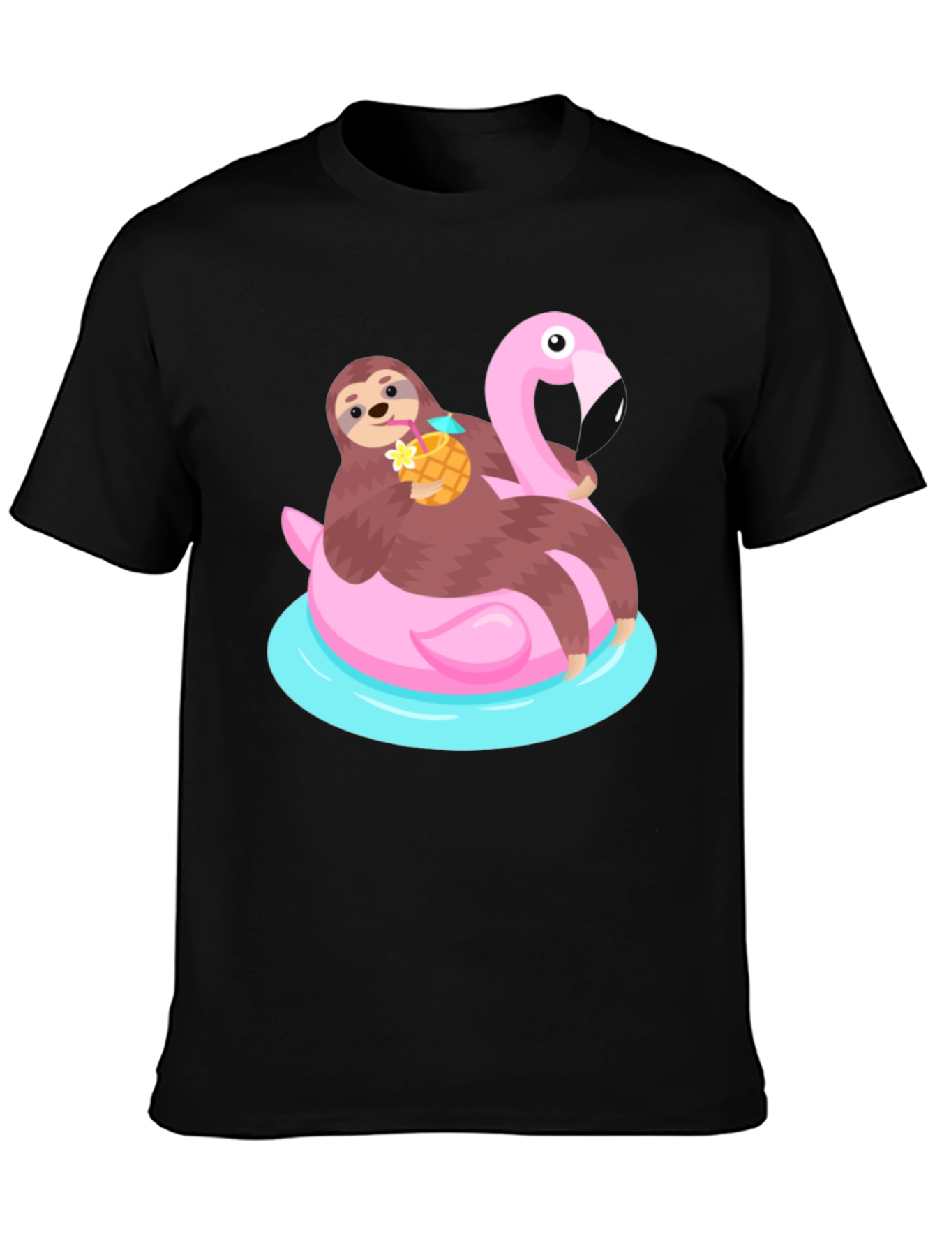 Black Sloth Flamingo Float T-Shirt - Relaxed Summer Vibes view 3