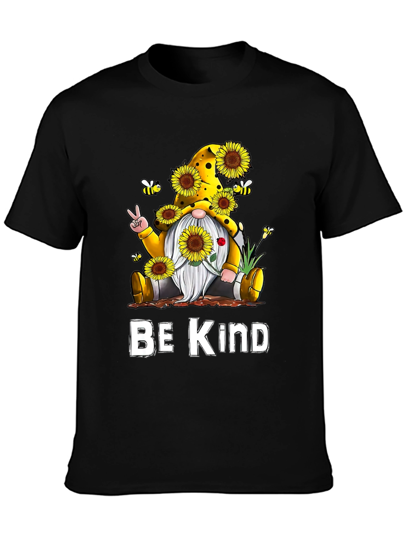 Black Be Kind Gnome Sunflower Graphic Tee view 3