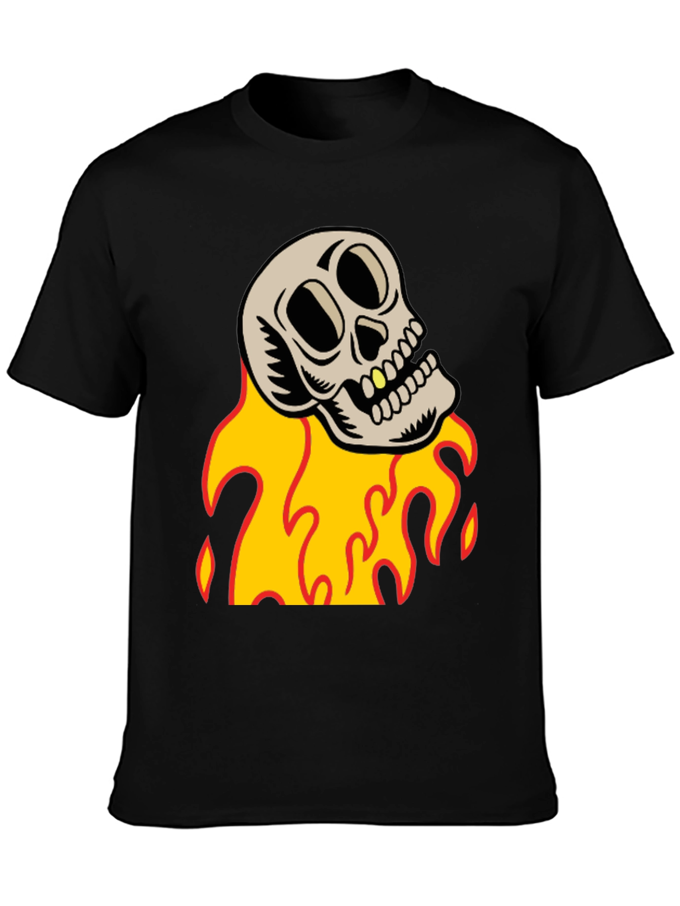 Black Skull on Fire Graphic Tee - Black Cotton T-Shirt view 3