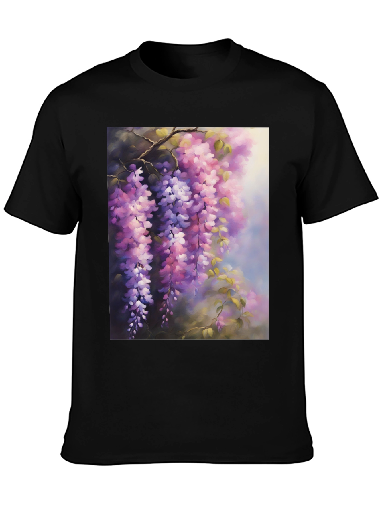 Black Floral Wisteria Print Black T-Shirt view 3