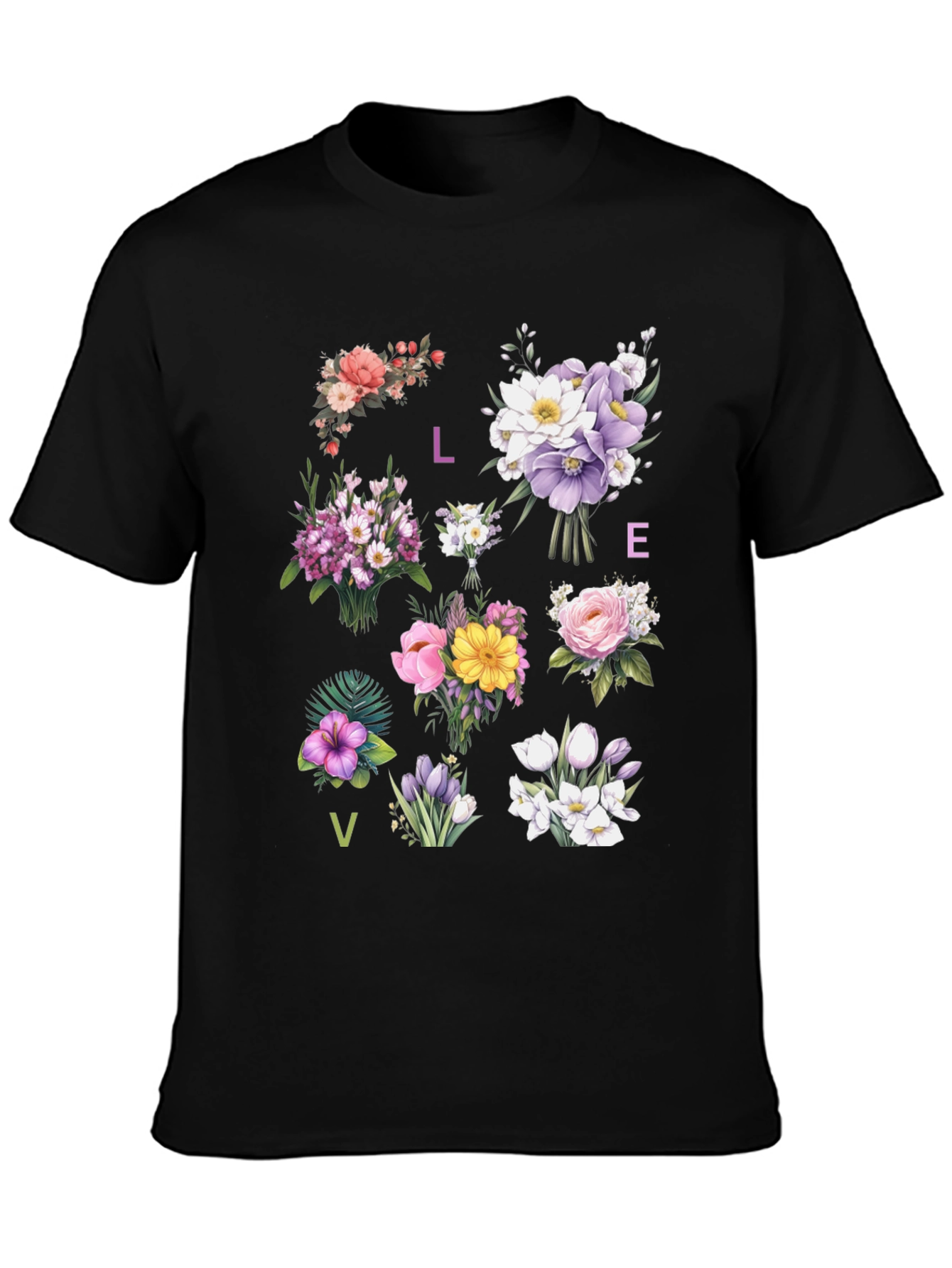Black Floral LOVE T-Shirt - Botanical Graphic Tee view 3
