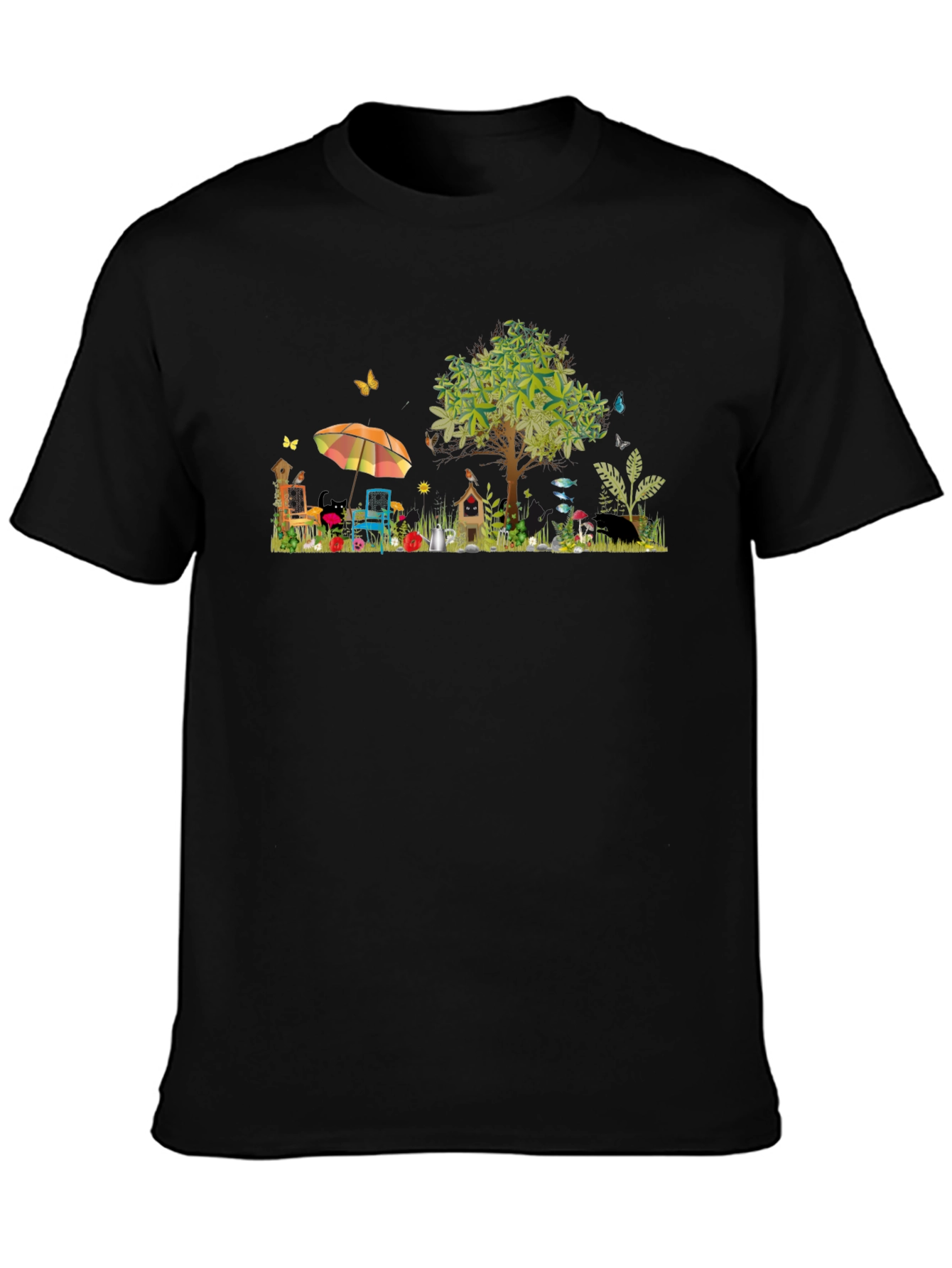 Black Whimsical Garden Scene Graphic T-Shirt view 3