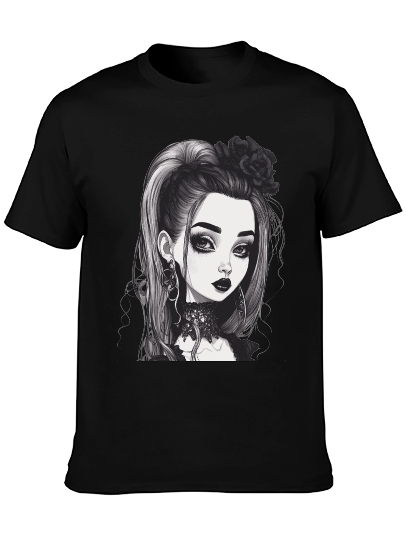 Black Gothic Girl Graphic Tee - Black Cotton T-Shirt view 3