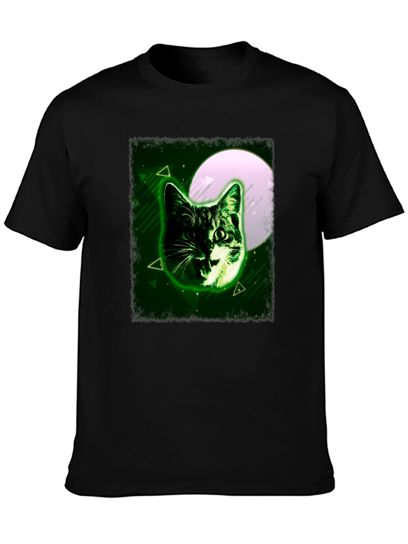 Black Green Cat Graphic Tee - Moonlit Feline Design view 3