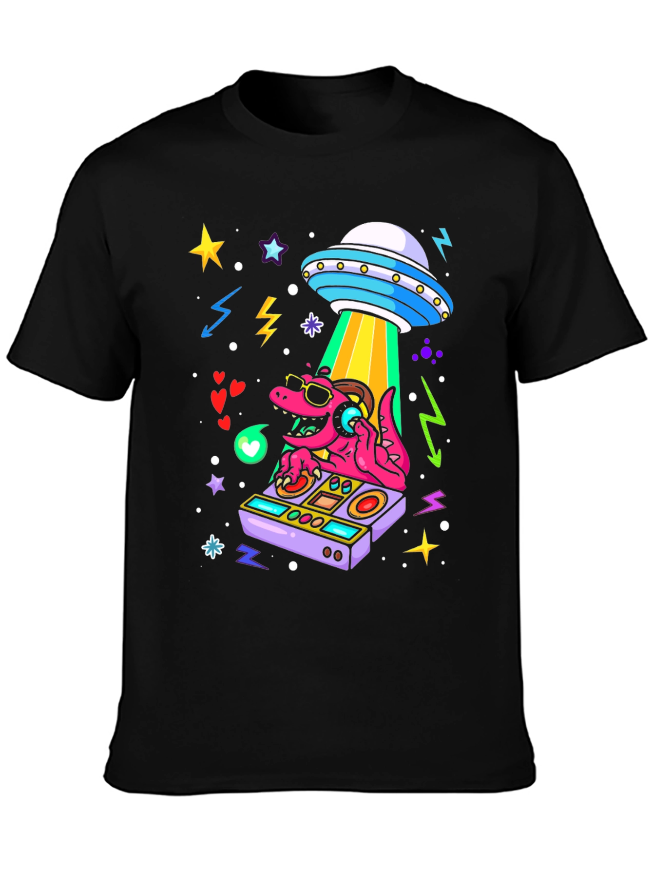 Black DJ Dino Alien Abduction T-Shirt view 3