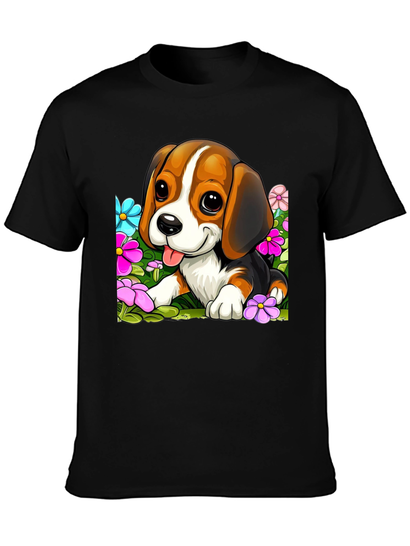 Black Cute Beagle Puppy in Flowers Black T-Shirt view 3