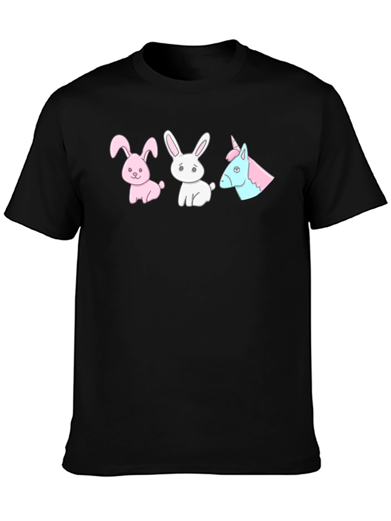 Black Novelty Cartoon Bunny & Unicorn Print Black T-Shirt view 3