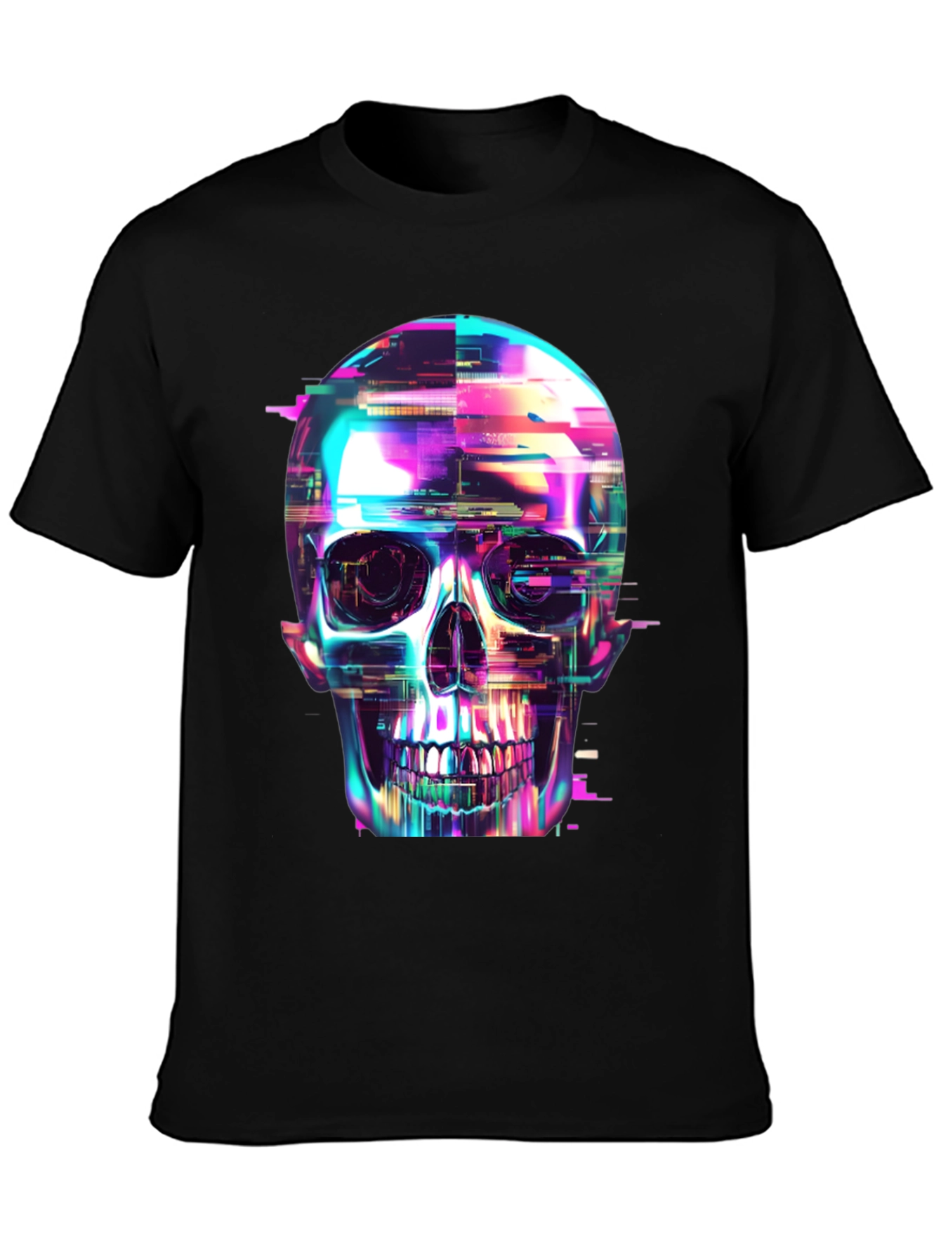 Black Cyberpunk Skull Graphic Tee - Black Cotton T-Shirt view 3