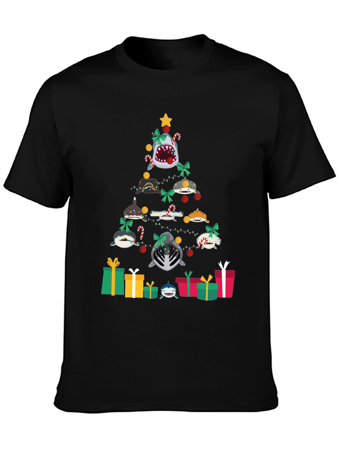 Black Shark Christmas Tree Black T-Shirt view 3