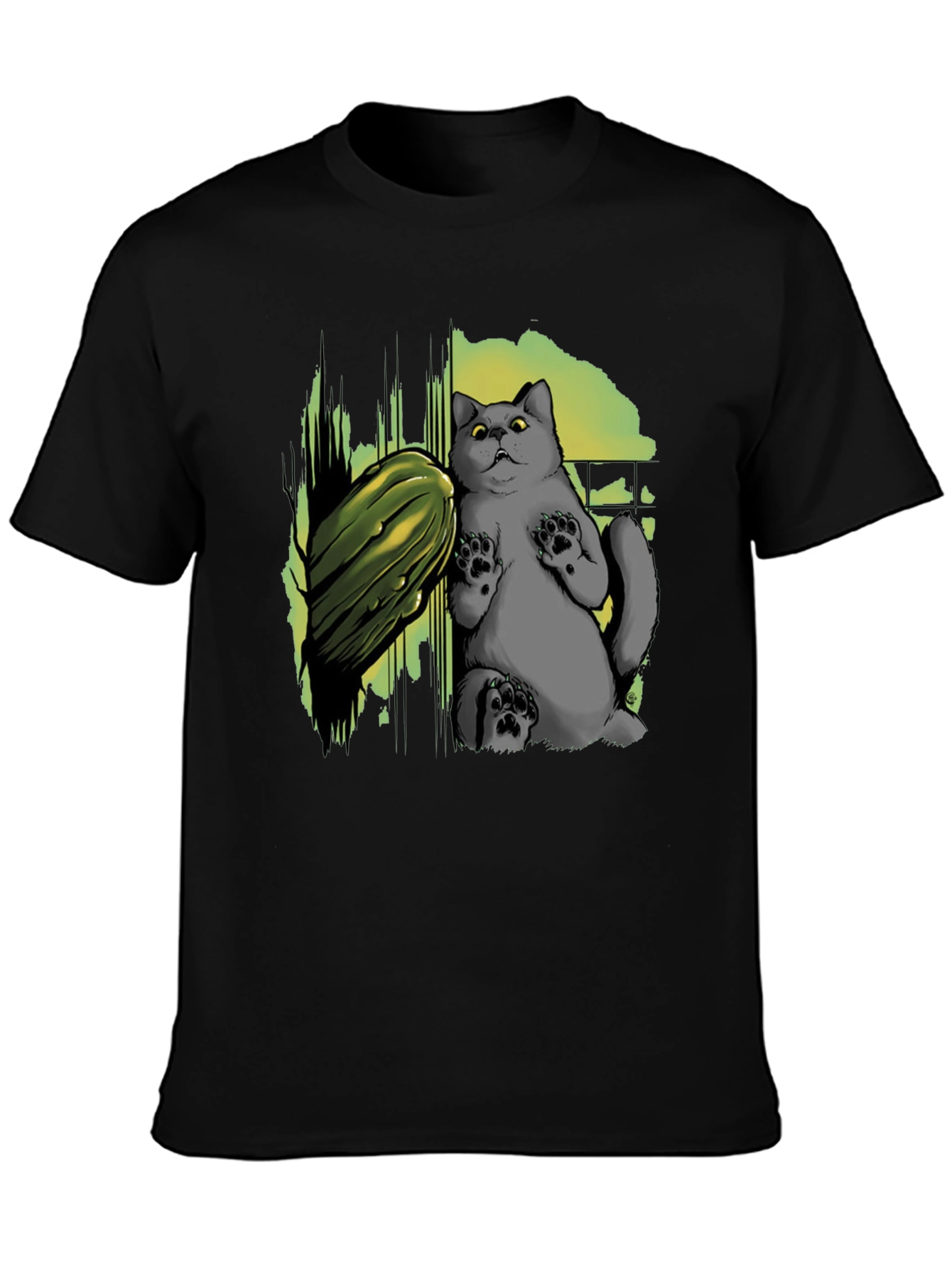 Black Funny Cat & Cucumber Graphic Tee - Black Cotton T-Shirt view 3
