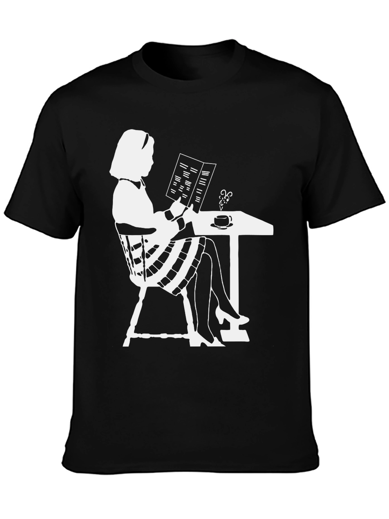 Black Chic Silhouette Tee: Woman Reading at Cafe view 3