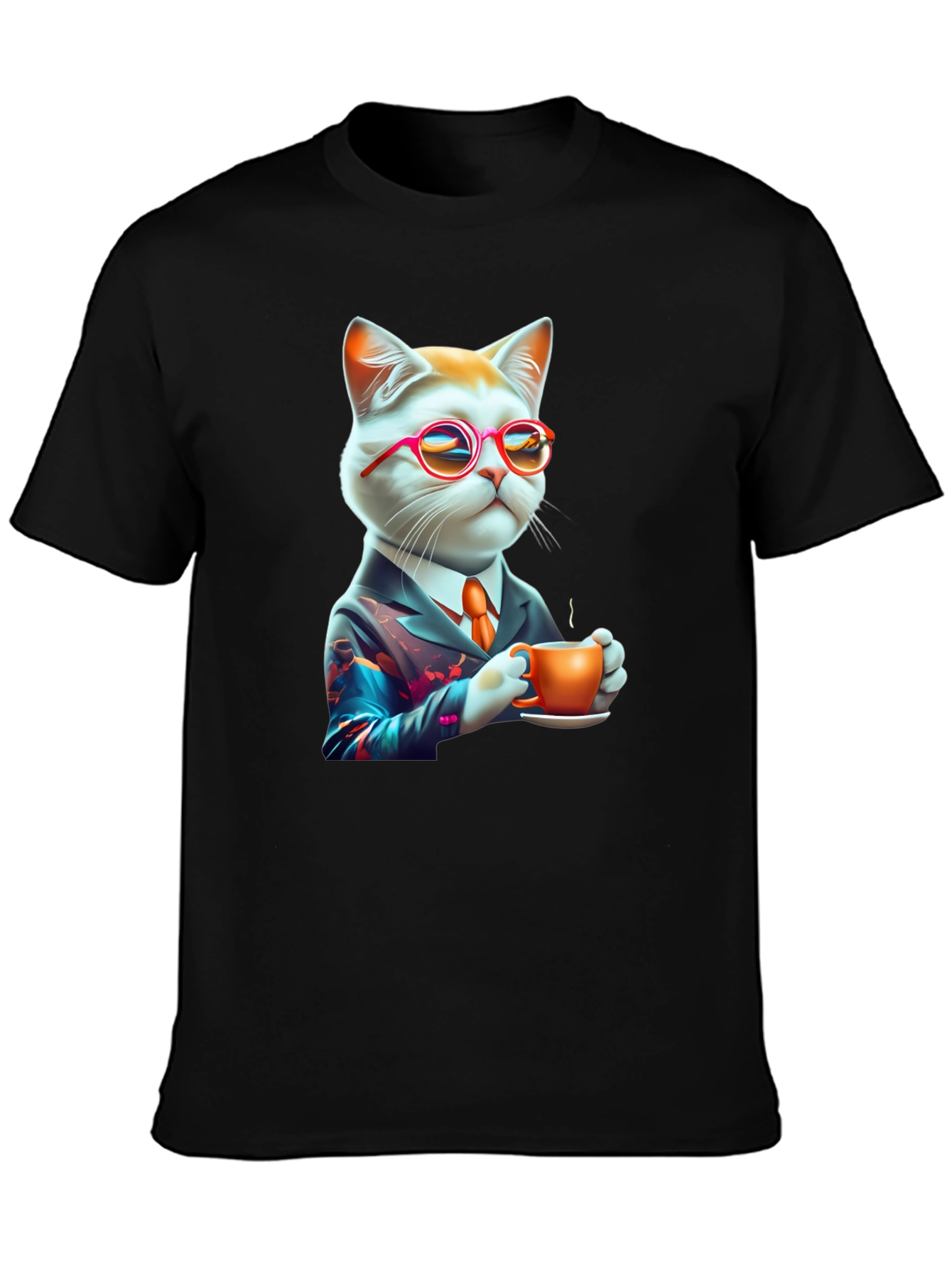 Black Cool Cat T-Shirt - Cat with Coffee view 3