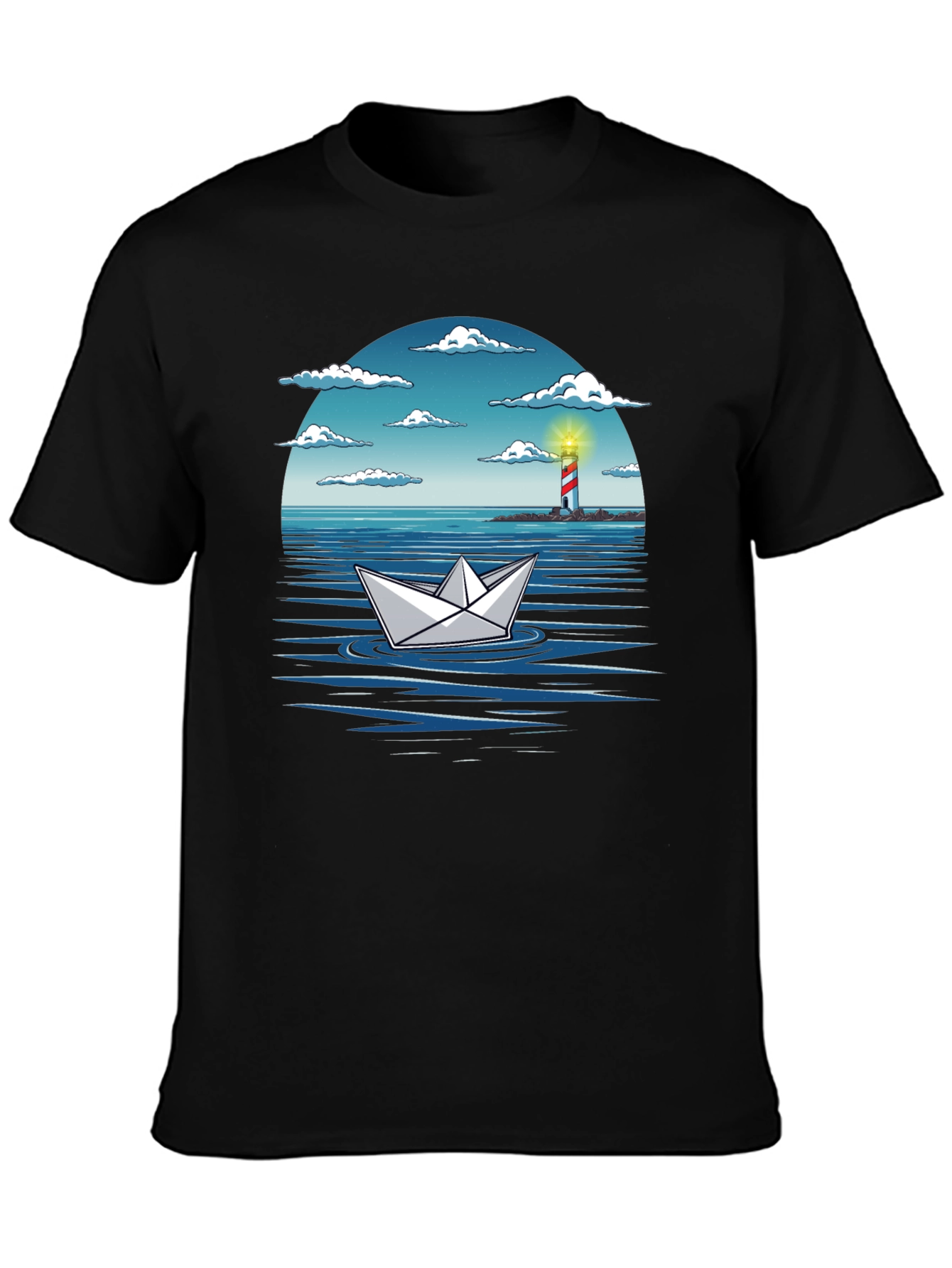 Black Paper Boat Lighthouse Graphic Tee - Nautical Adventure Shirt view 3