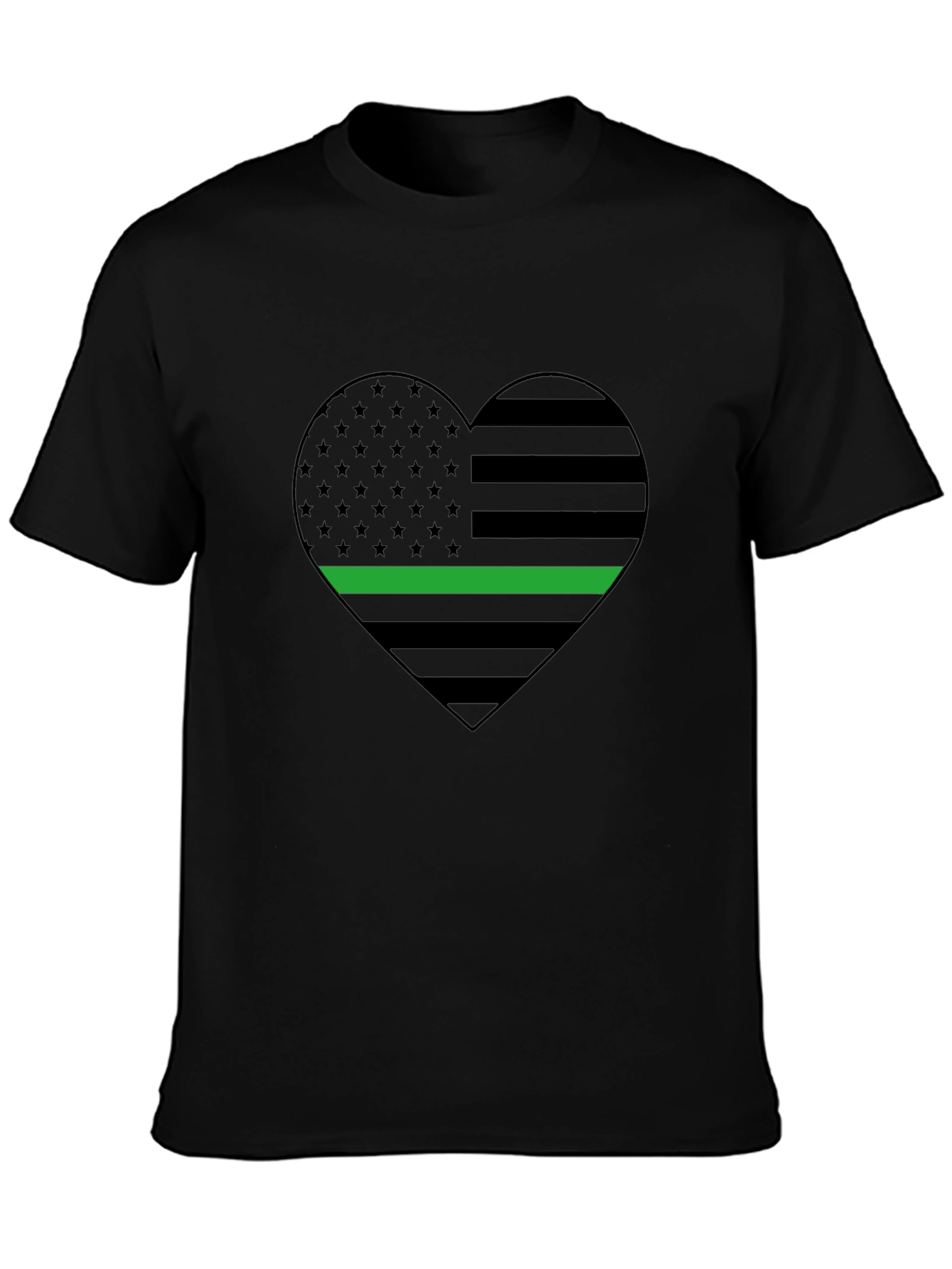 Black Thin Green Line Heart Flag T-Shirt - Support Military view 3