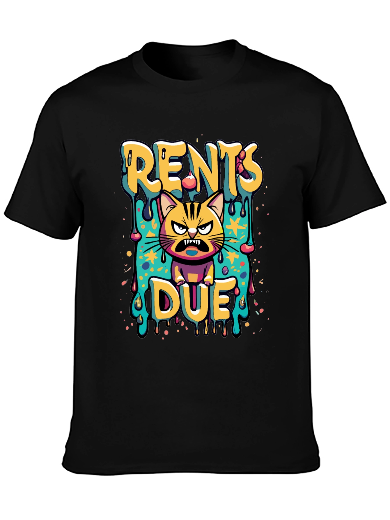 Black Rents Due Angry Cat Graphic Black T-Shirt view 3