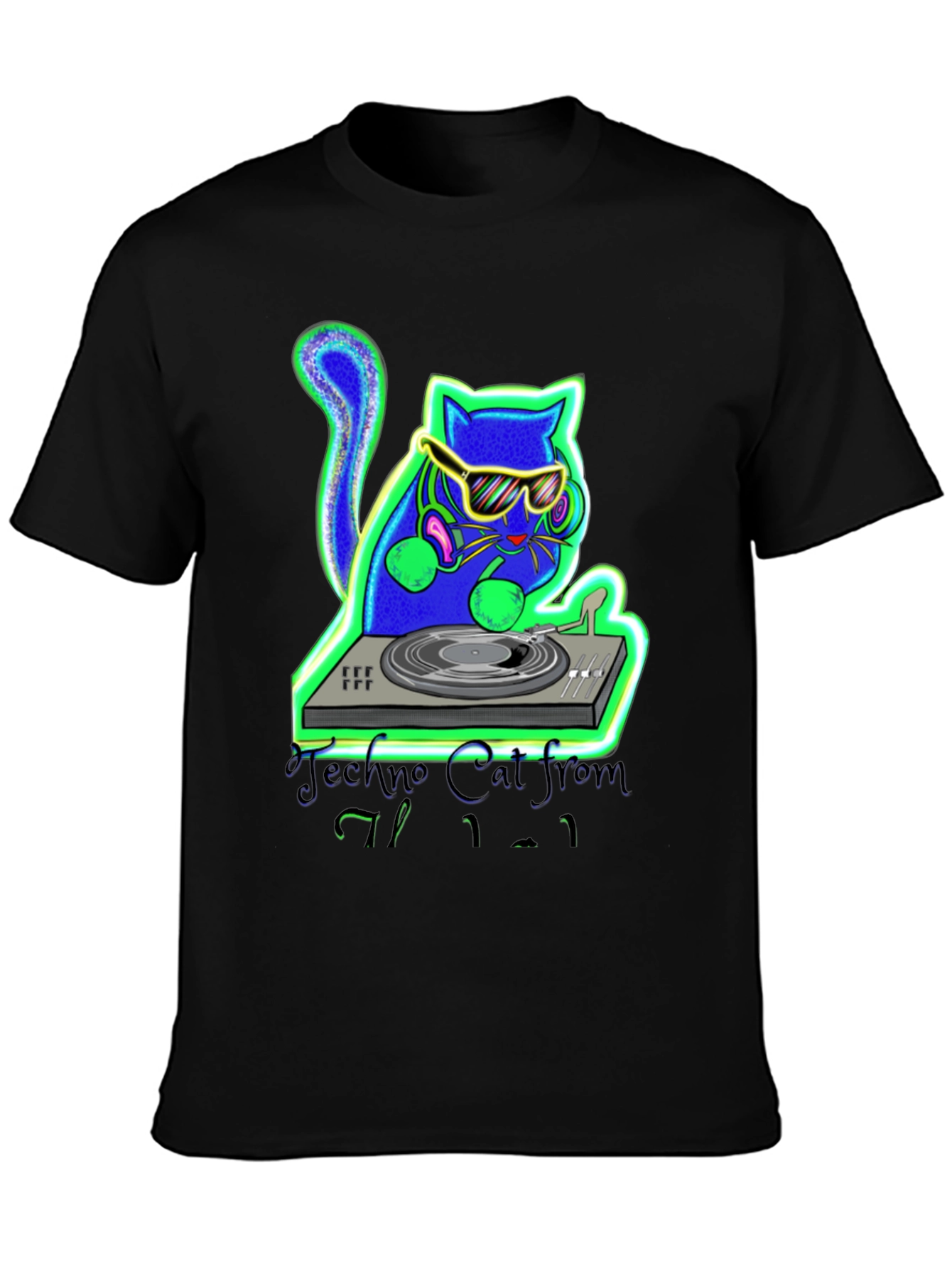 Black Techno Cat DJ Graphic T-Shirt view 3