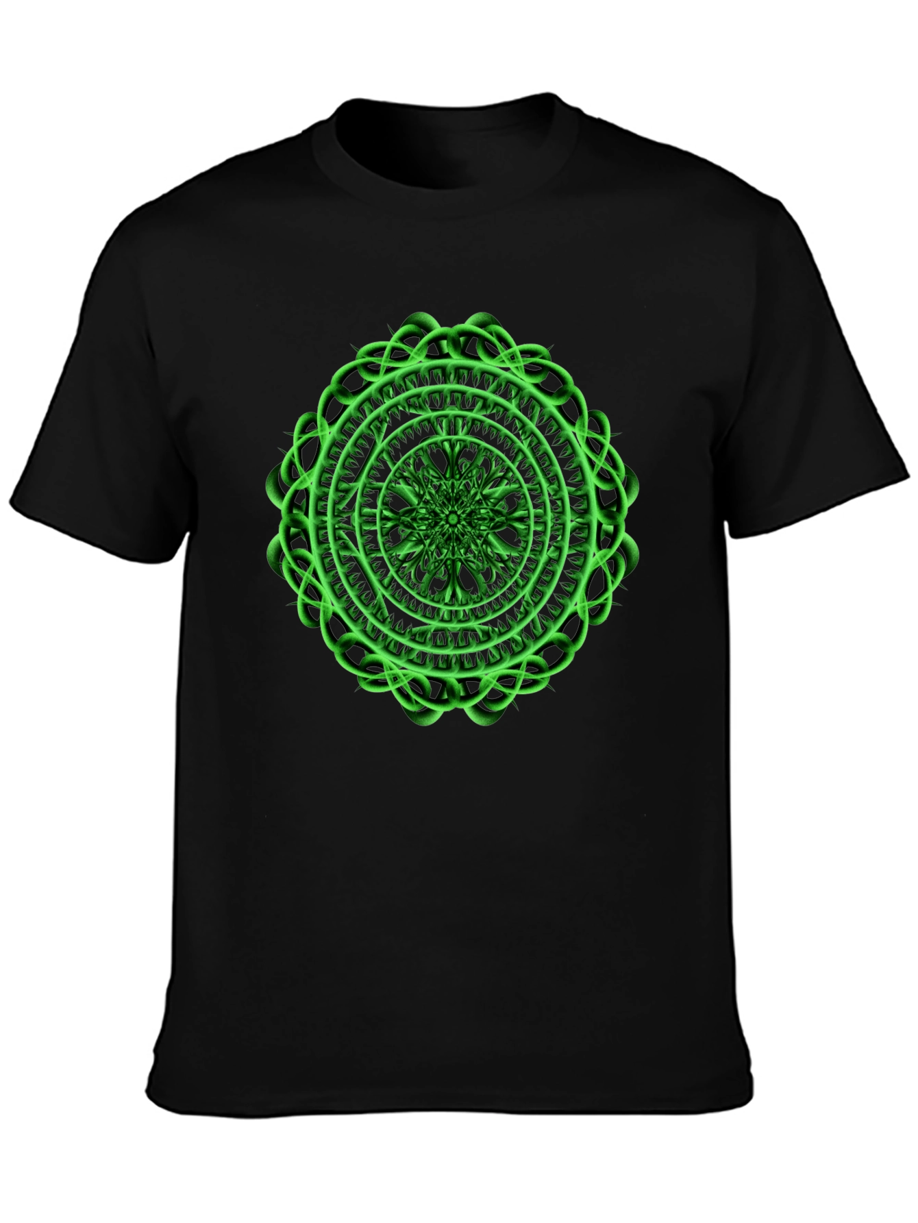 Black Men's Black T-Shirt with Green Mandala Design view 3