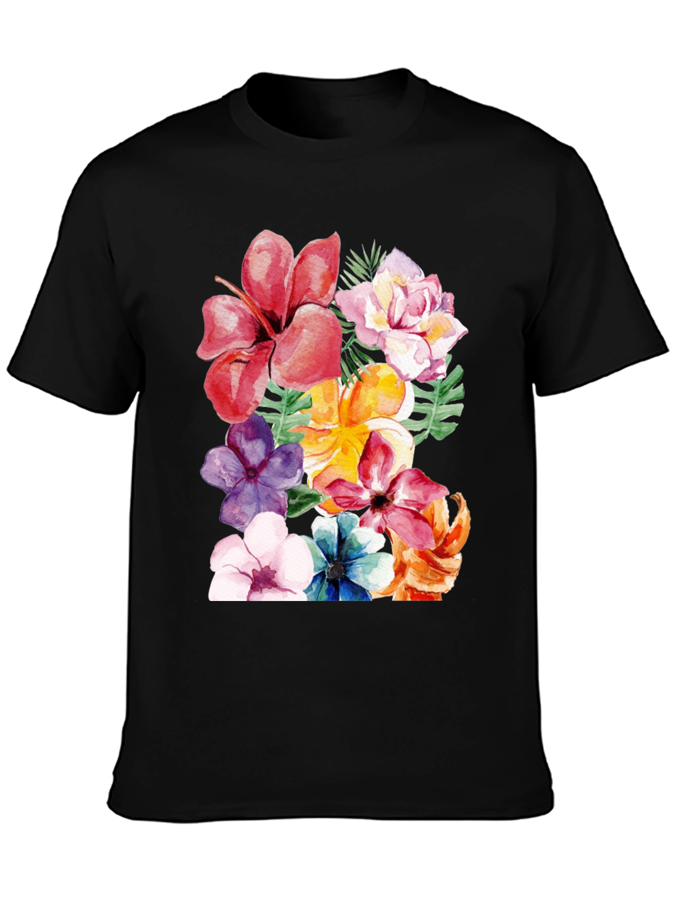 Black Floral Print Black T-Shirt - Tropical Flower Design view 3