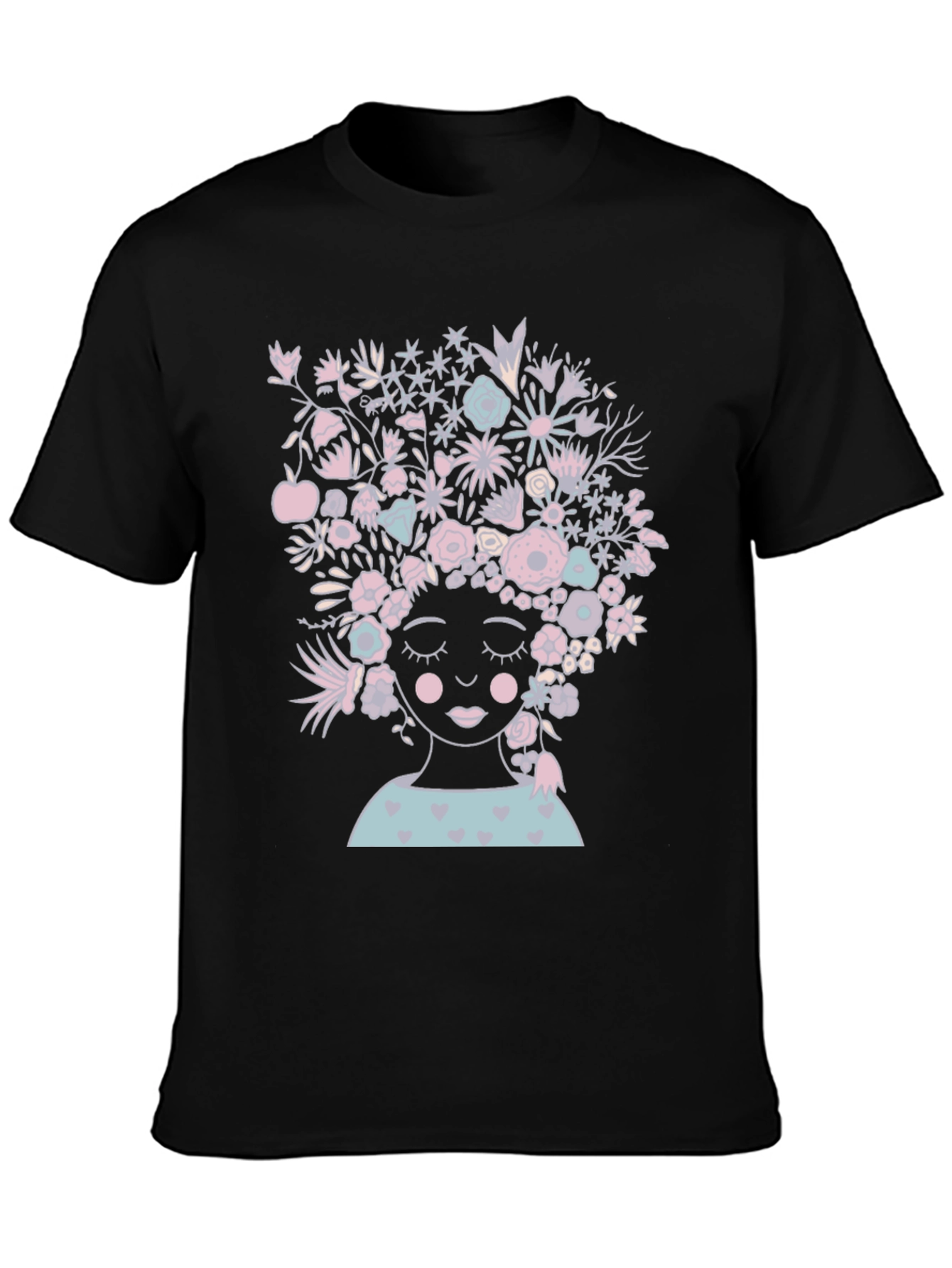 Black Floral Woman Graphic Tee - Black Cotton T-Shirt view 3