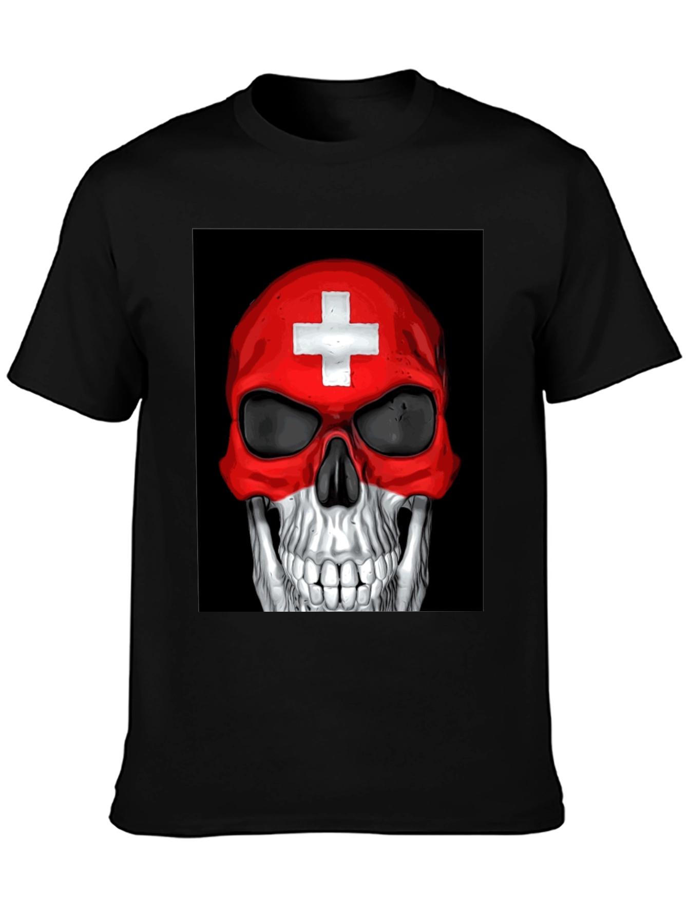 Black Skull Switzerland Flag Graphic Tee - Black Cotton T-Shirt view 3