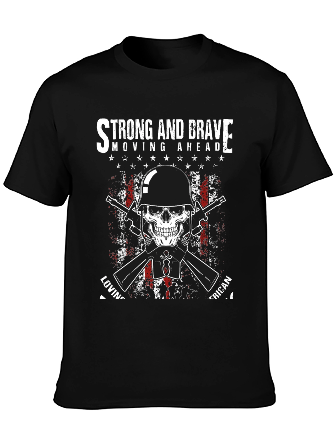 Black Strong & Brave Patriotic Skull Graphic T-Shirt view 3