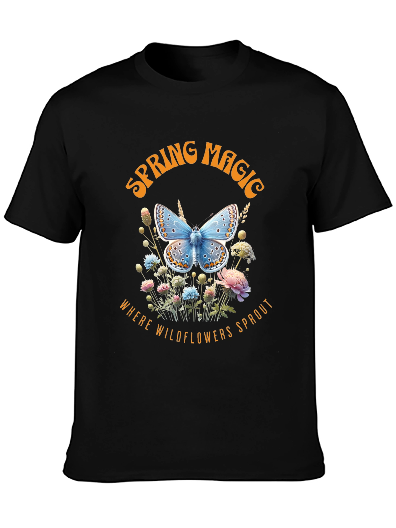 Black Spring Magic Wildflower Butterfly Graphic Tee view 3