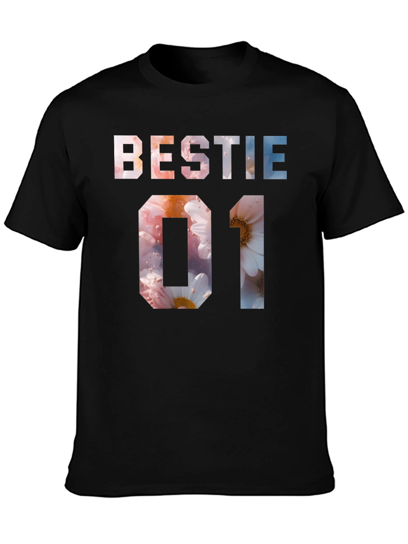 Black Bestie 01 Floral Print Black T-Shirt view 3