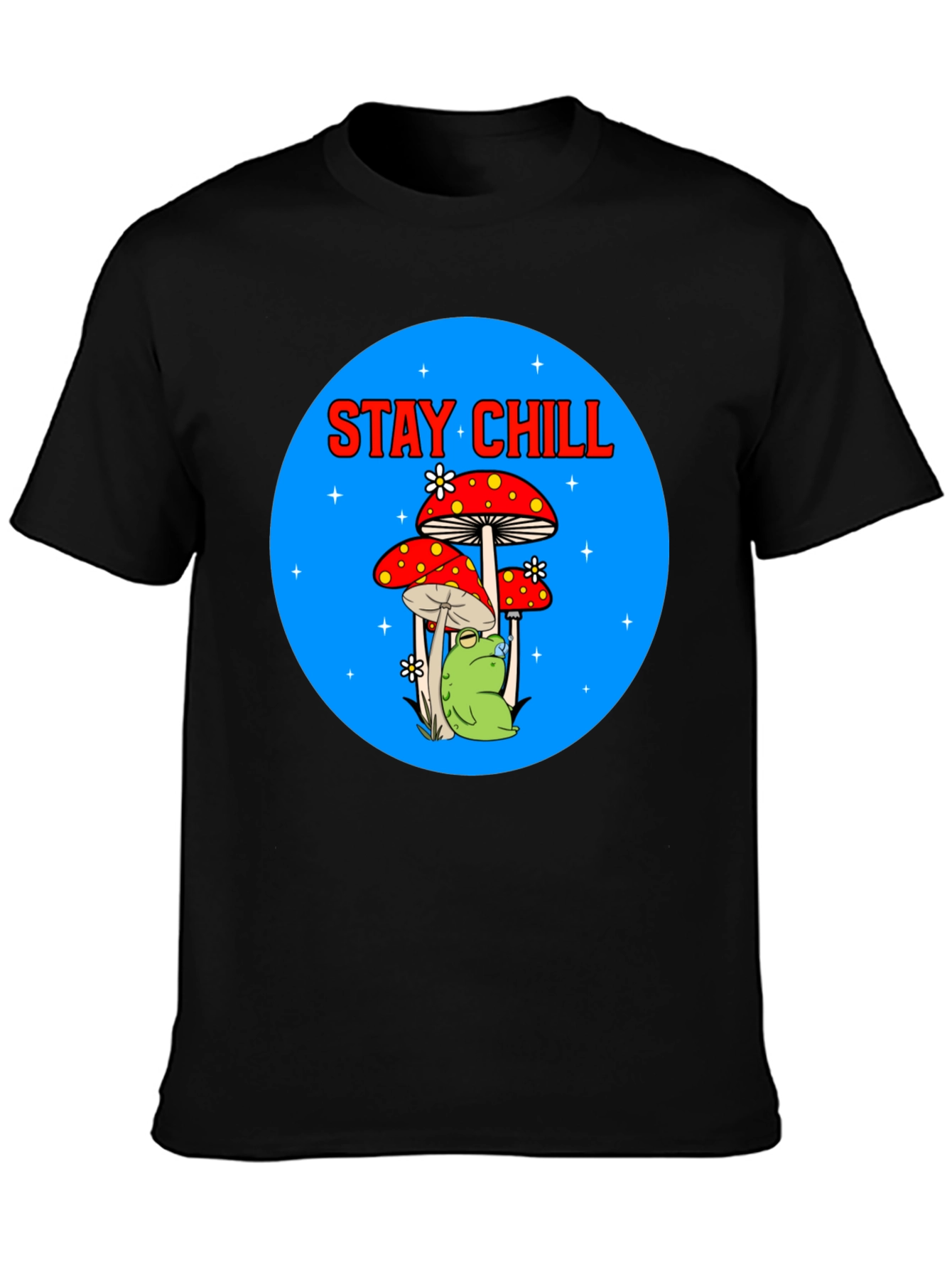 Black Stay Chill Frog Mushroom Graphic Tee view 3