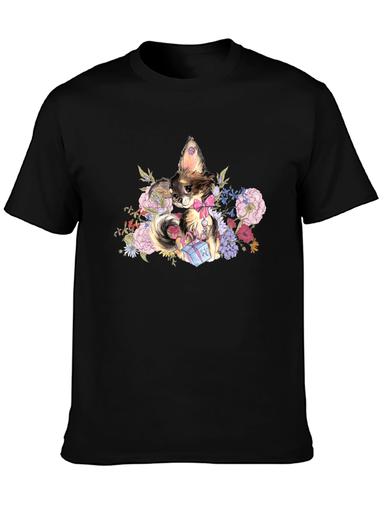 Black Chihuahua Floral T-Shirt view 3