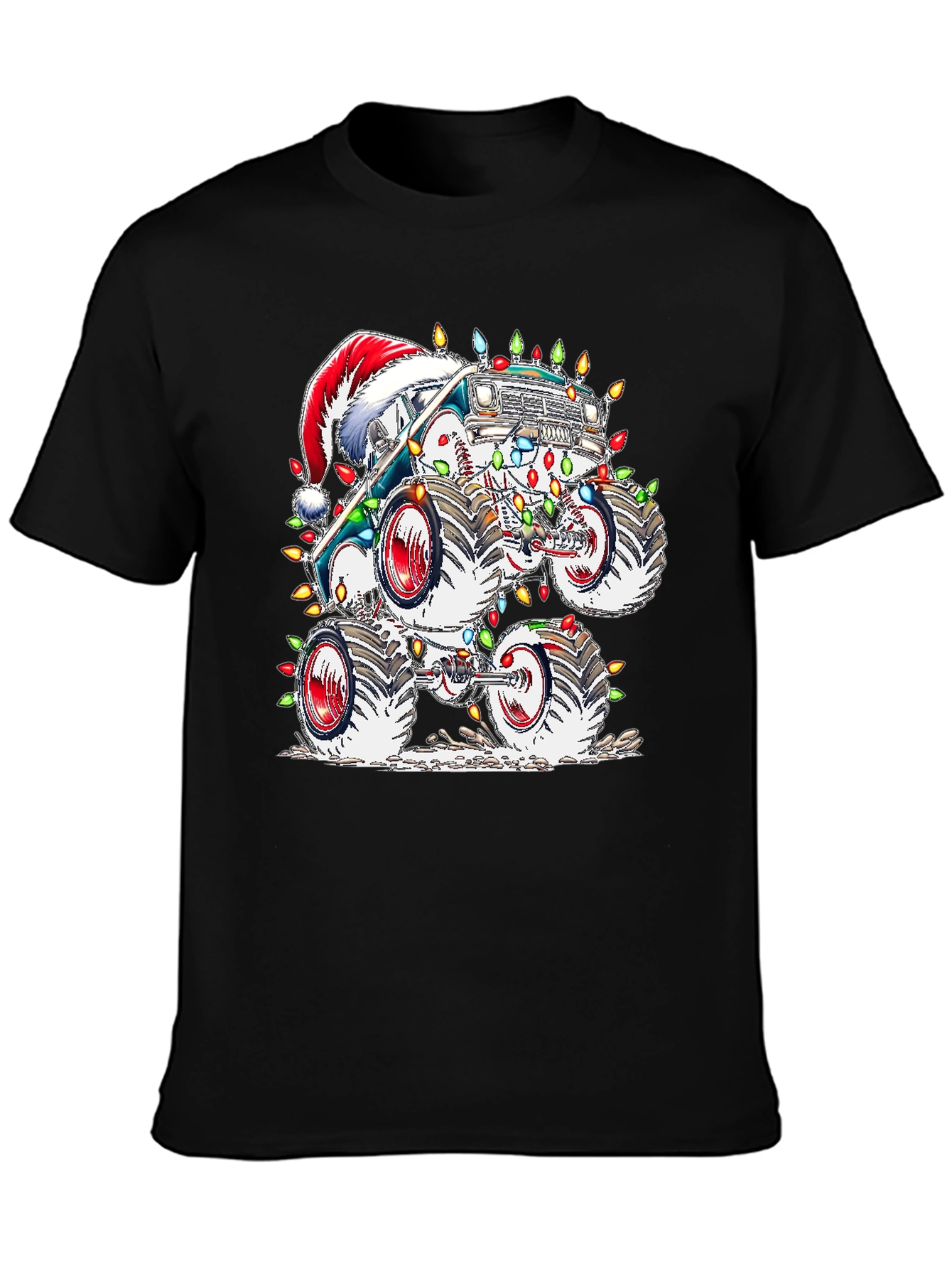 Black Festive Monster Truck Christmas T-Shirt view 3