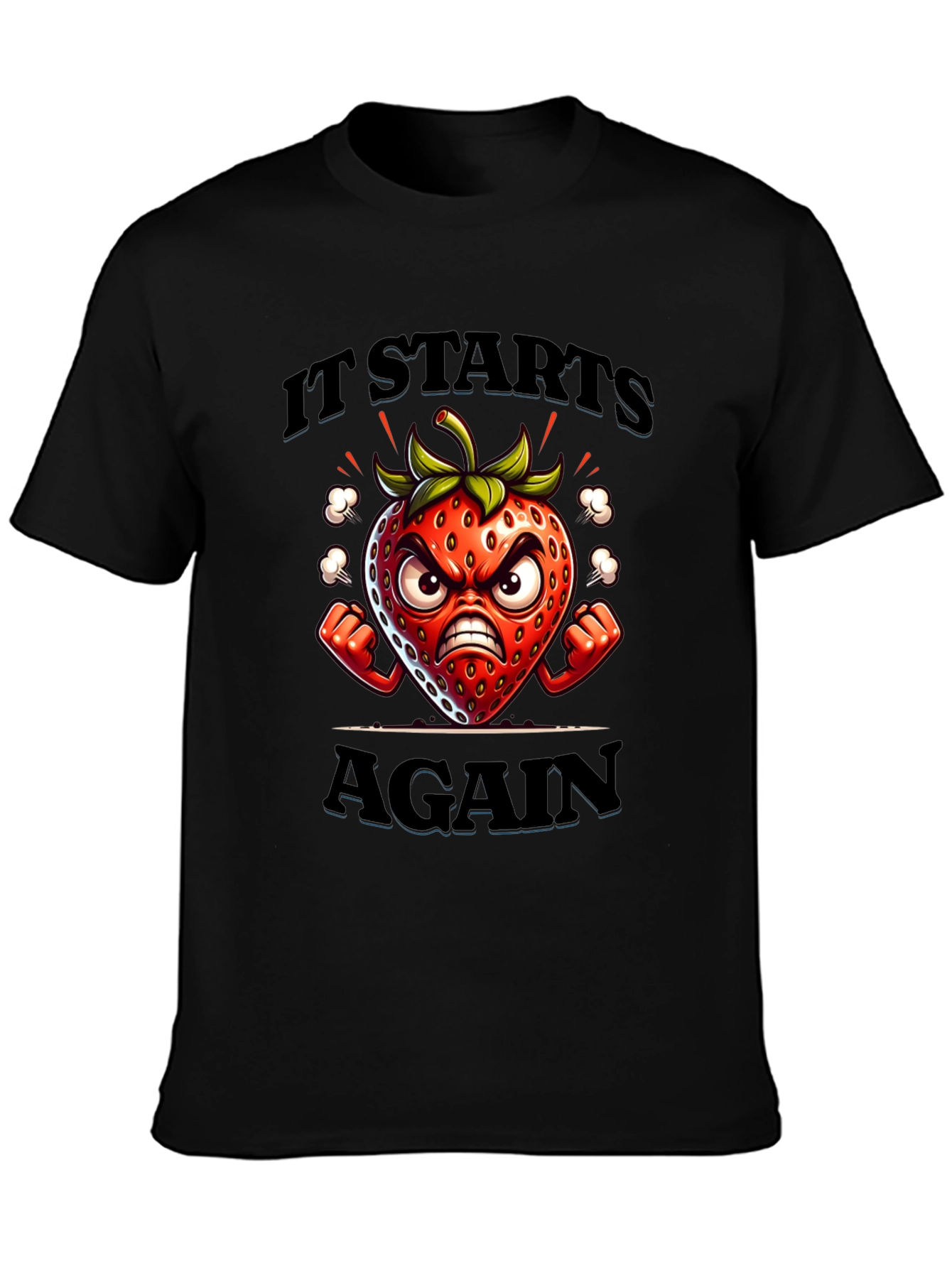 Black Angry Strawberry Cartoon Graphic T-Shirt view 3