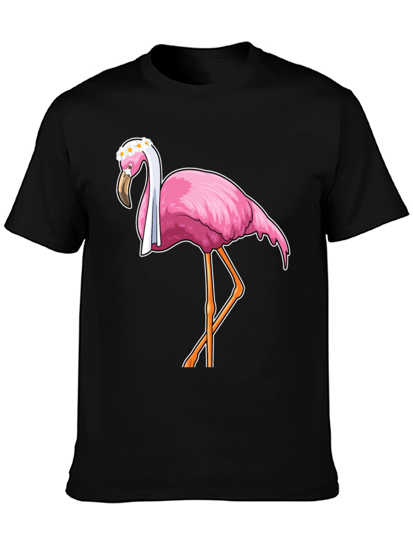 Black Funny Flamingo T-Shirt with Floral Crown view 3