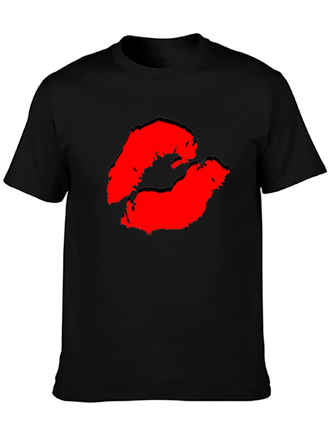 Black Red Lips Kiss Print Black Casual T-Shirt view 3