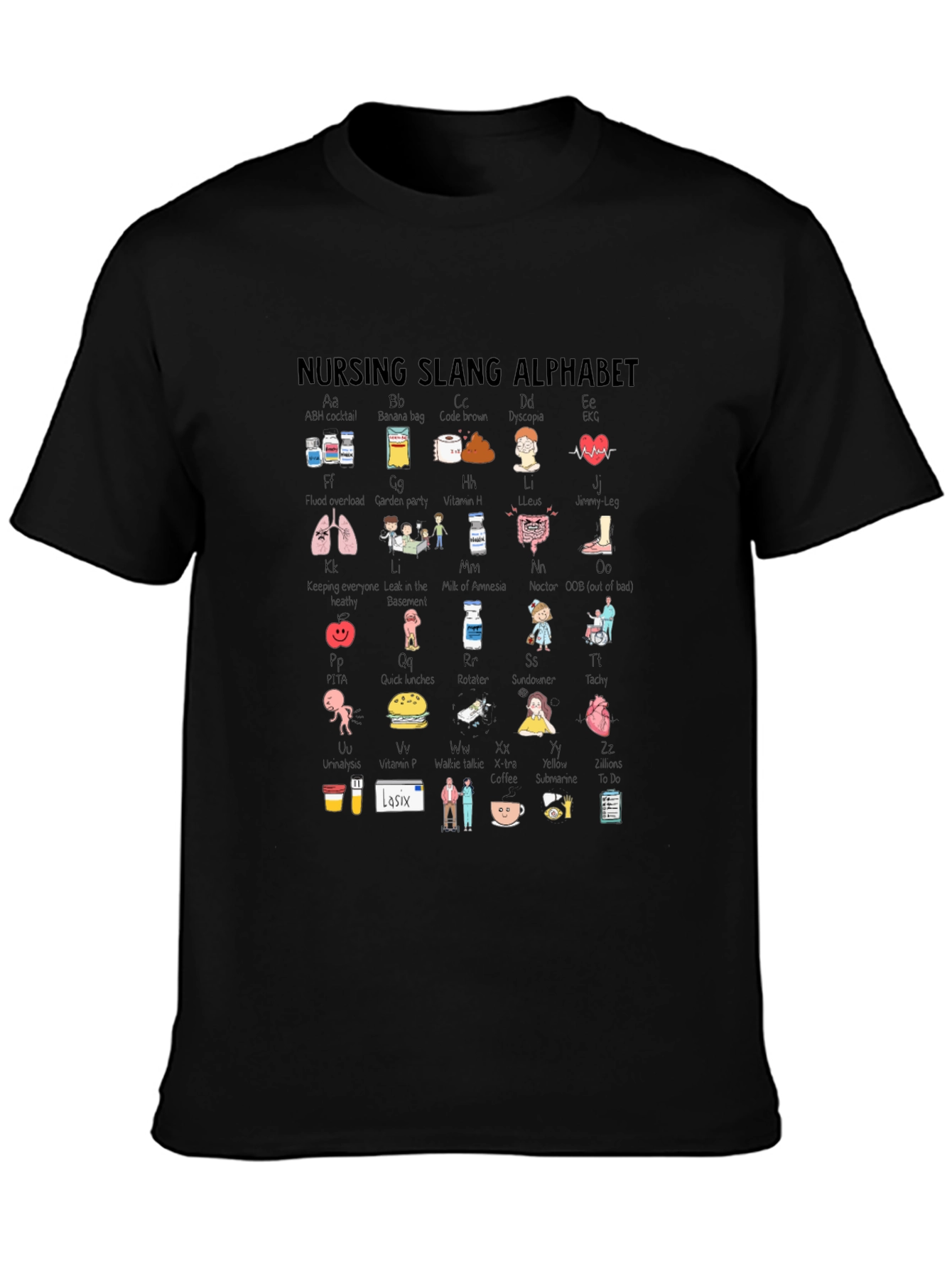Black Nursing Slang Alphabet T-Shirt - Black Crew Neck view 3