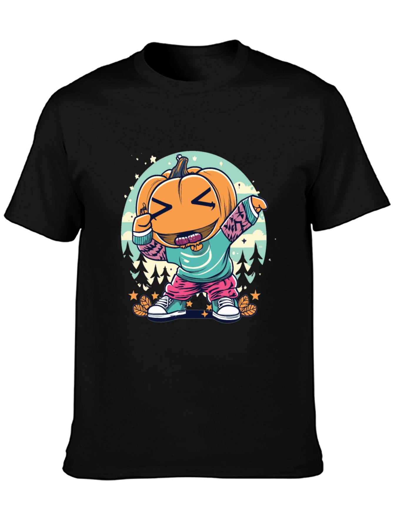 Black Dabbing Pumpkin Cartoon T-Shirt - Halloween Style view 3