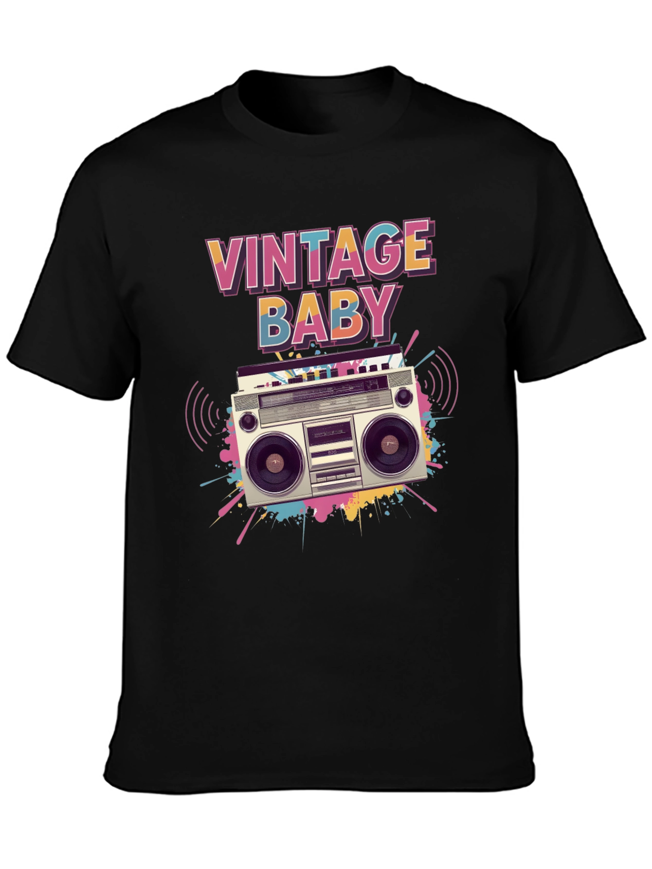 Black Vintage Baby Graphic Tee - Retro Boombox Design view 3