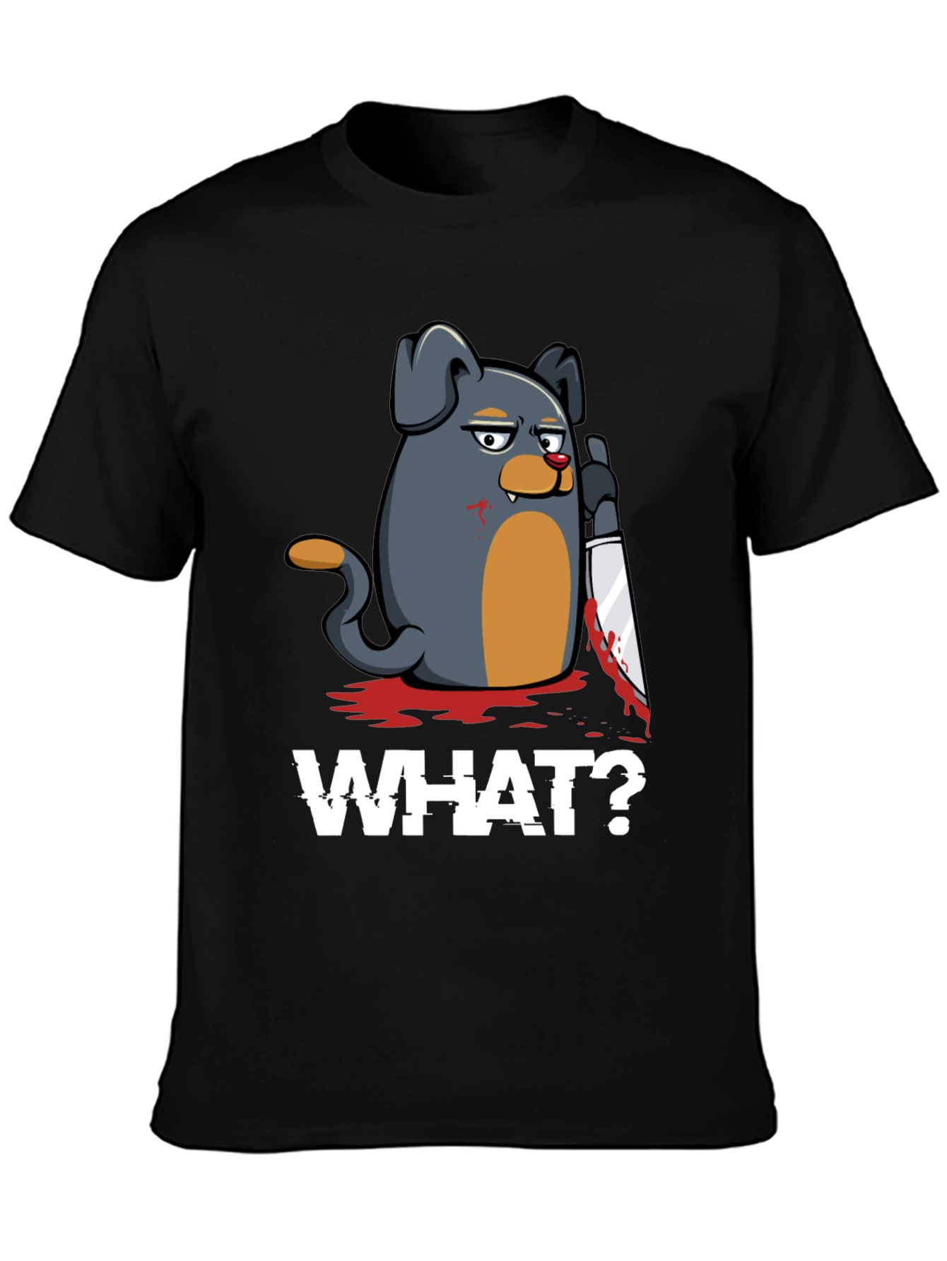 Black Men's 'What?' Dog with Knife Graphic T-Shirt view 3