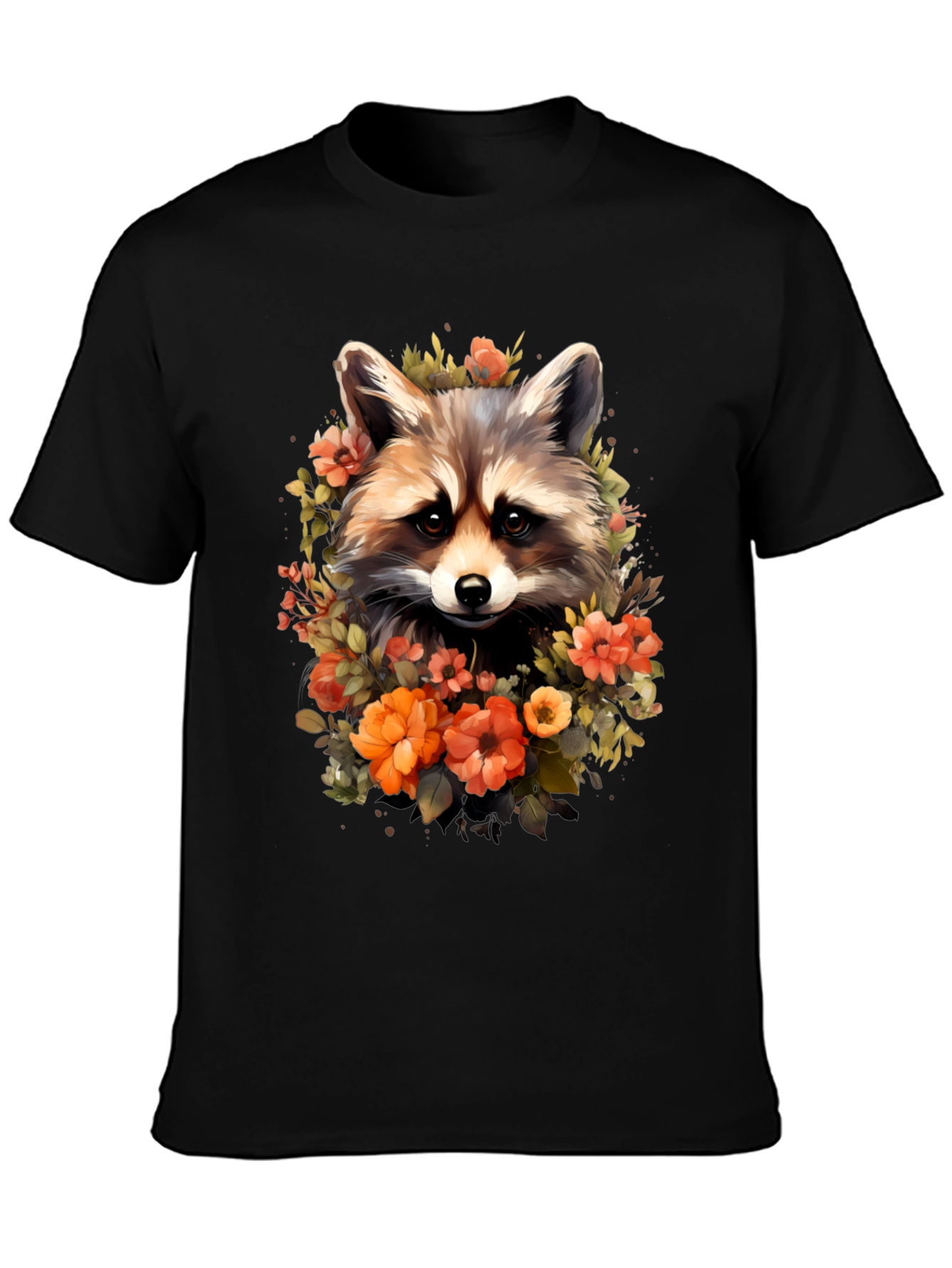 Black Raccoon & Floral Graphic Tee - Soft Black T-Shirt view 3