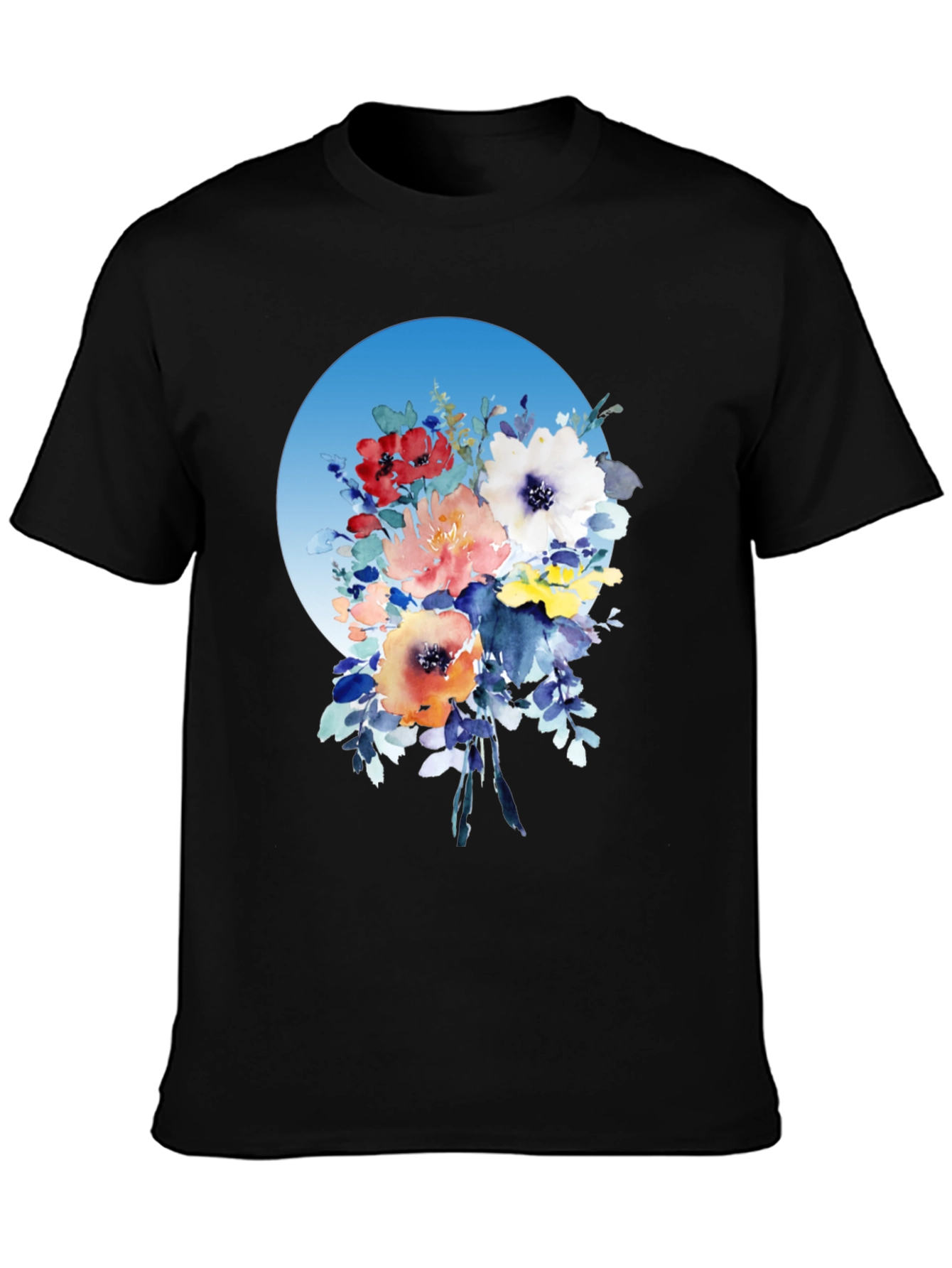 Black Floral Bouquet T-Shirt - Watercolor Design view 3