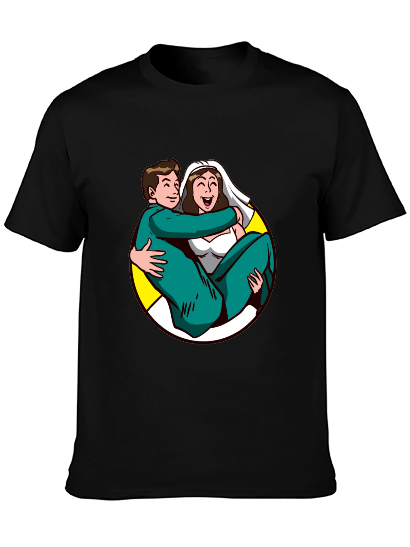 Black Cartoon Bride and Groom Black T-Shirt view 3