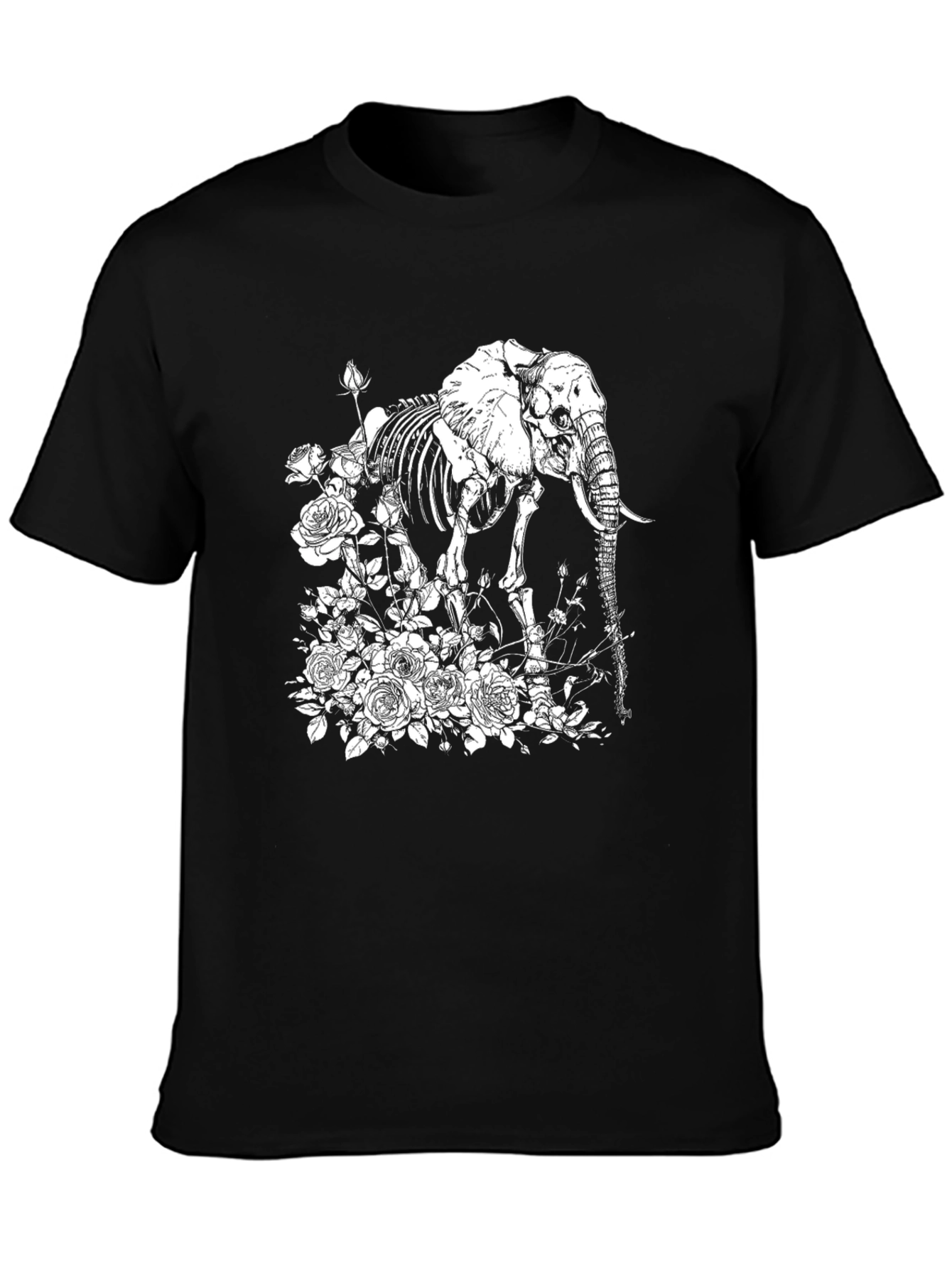 Black Elephant Skeleton & Roses Graphic Tee - Black Cotton T-Shirt view 3