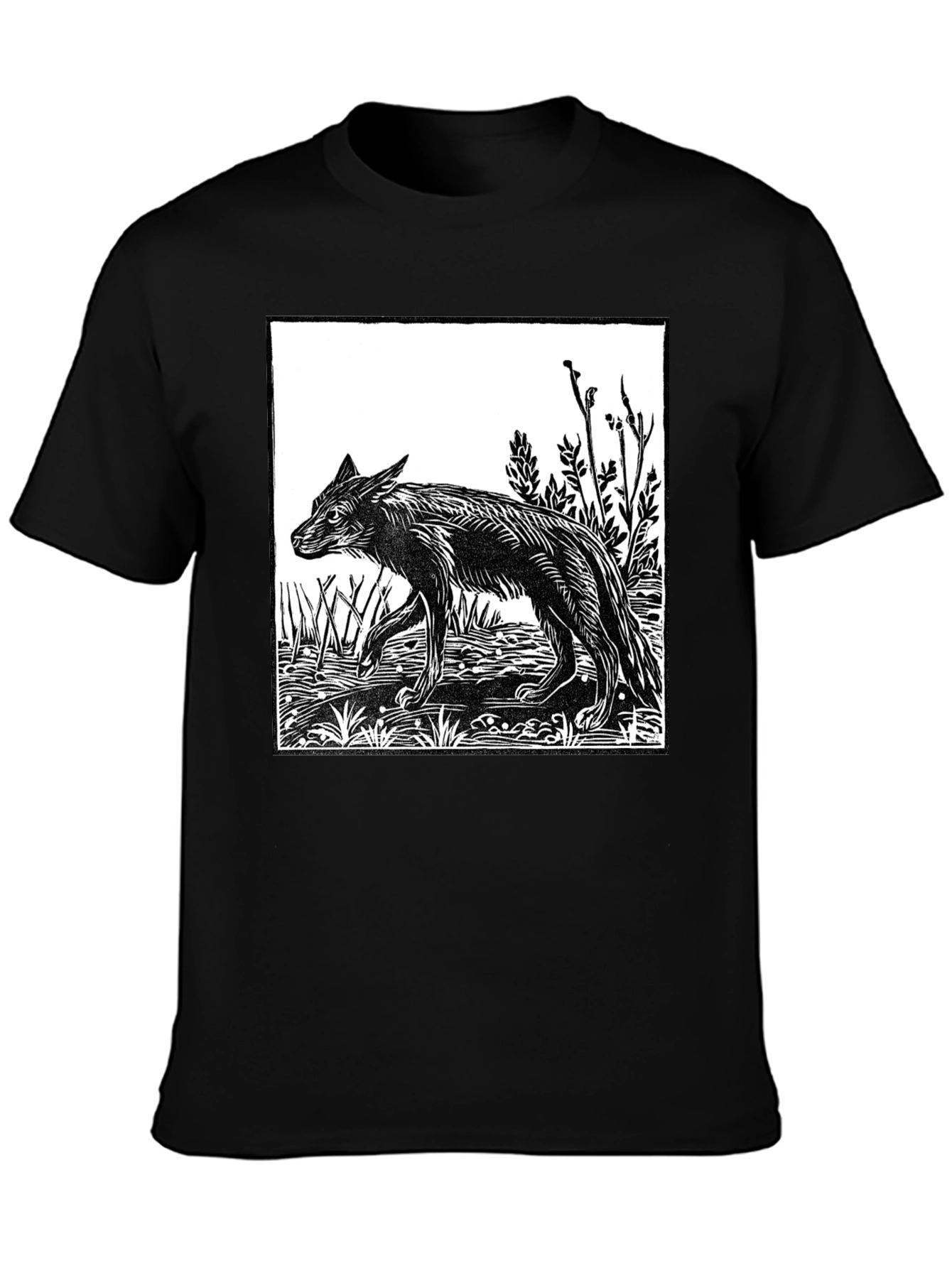 Black Woodcut Wolf Graphic T-Shirt - Black view 3