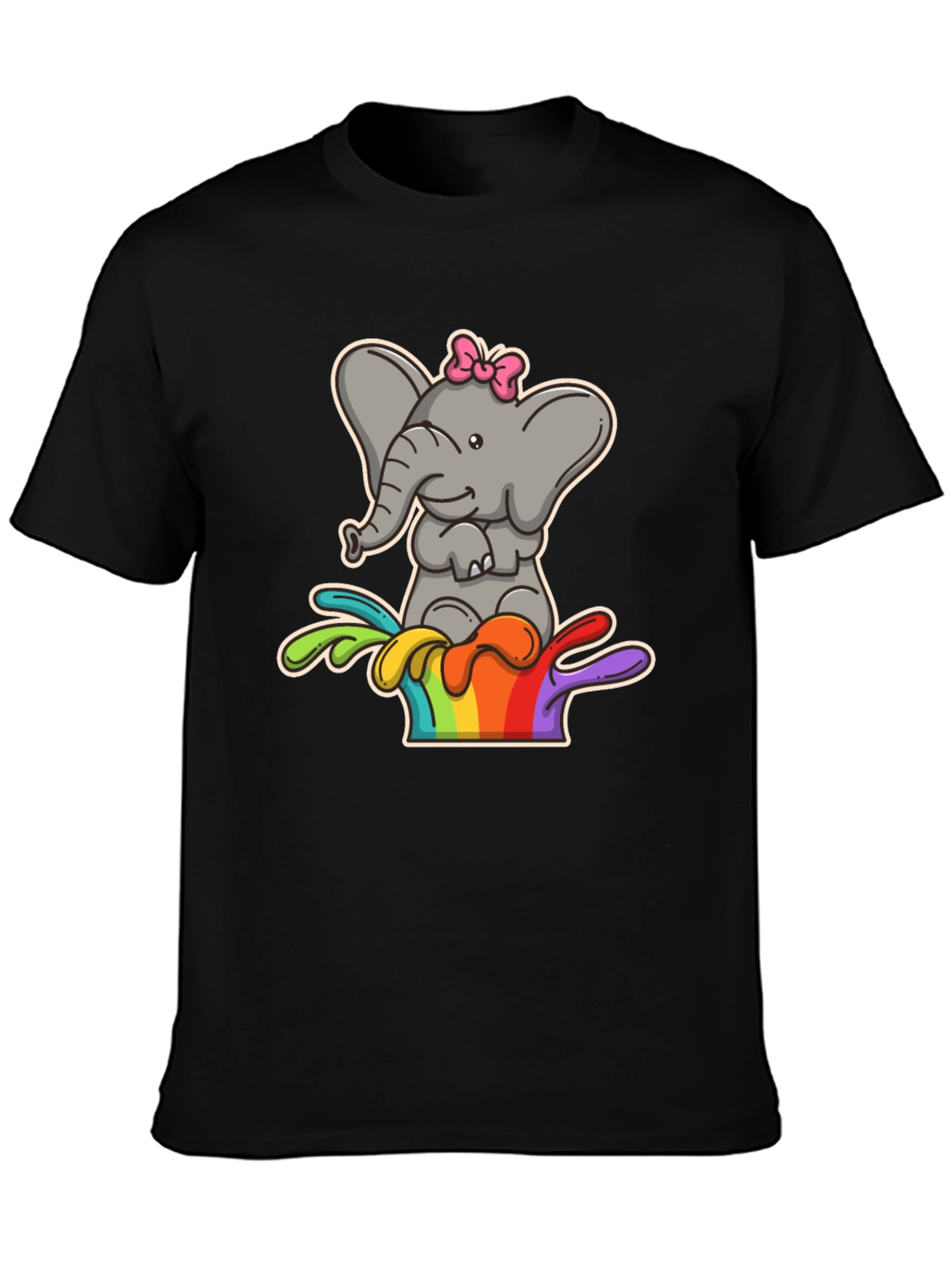 Black Elephant Rainbow Splash Tee - Cute Cartoon Graphic Shirt view 3